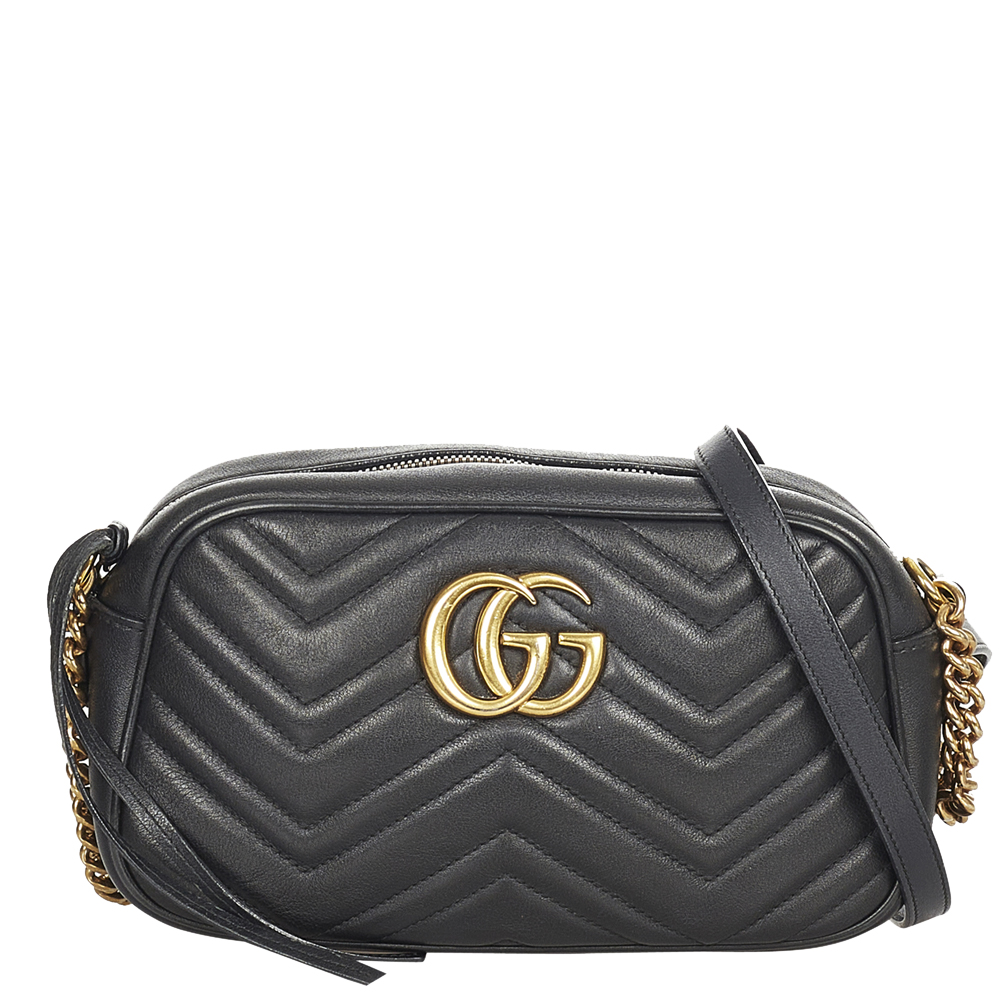 Gucci Black Matelasse Leather GG Marmont Crossbody Bag
