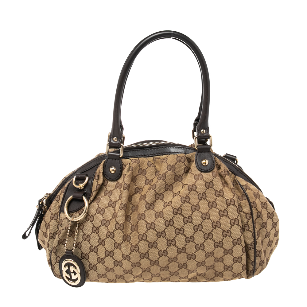 Gucci Brown-Beige GG Canvas And Leather Medium Sukey Boston Bag