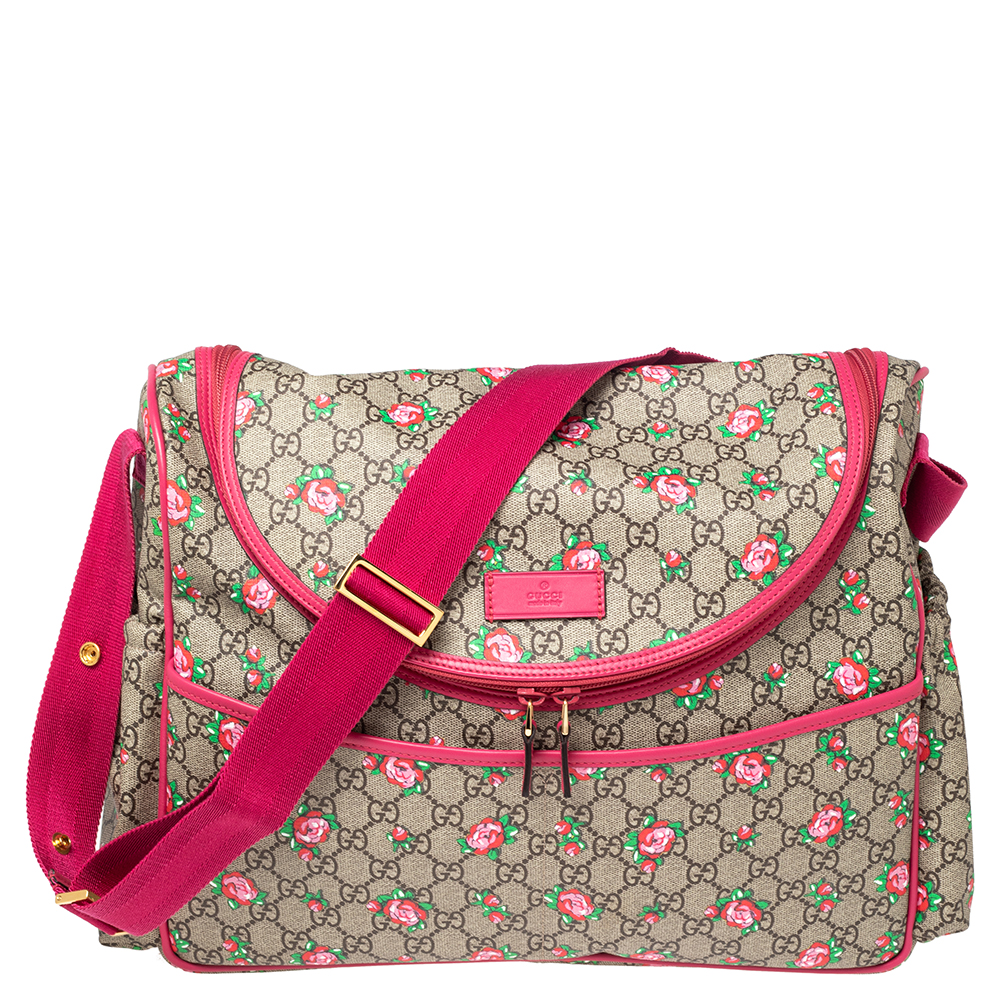 Gucci Pink/Beige Coated Canvas and Leather Floral Print Diaper Messenger Bag