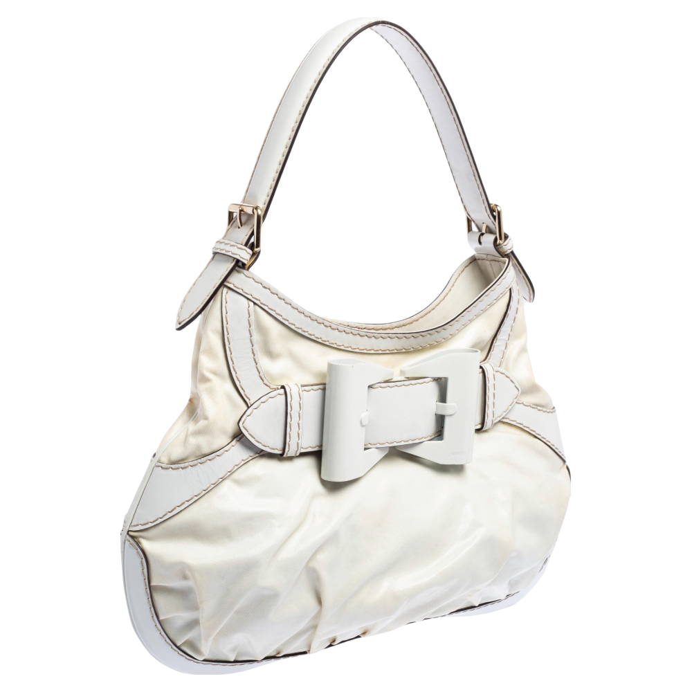 Gucci White Coated Canvas And Leather Medium Queen Hobo