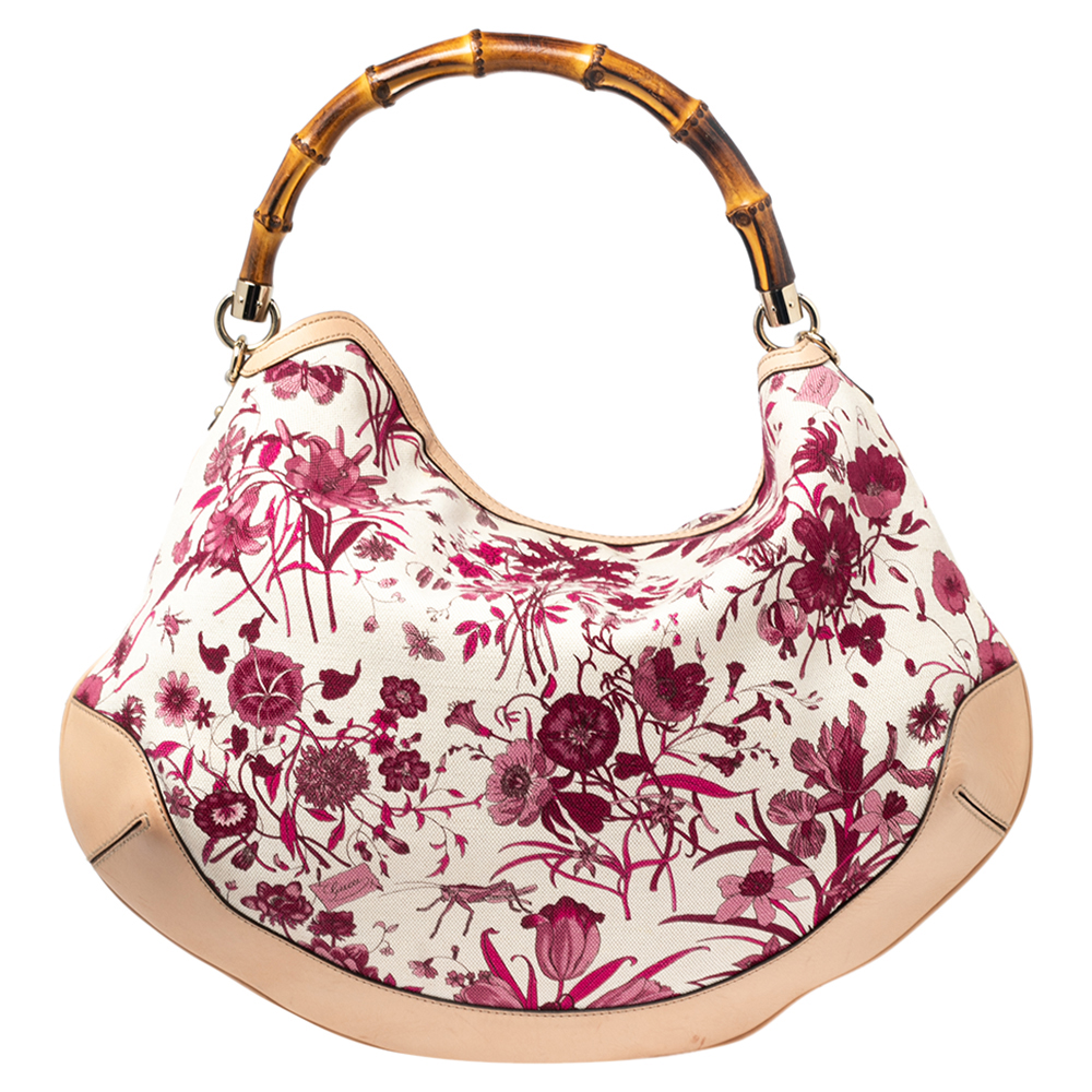 Gucci White/Pink Floral Canvas And Leather Peggy Bamboo Handle Hobo
