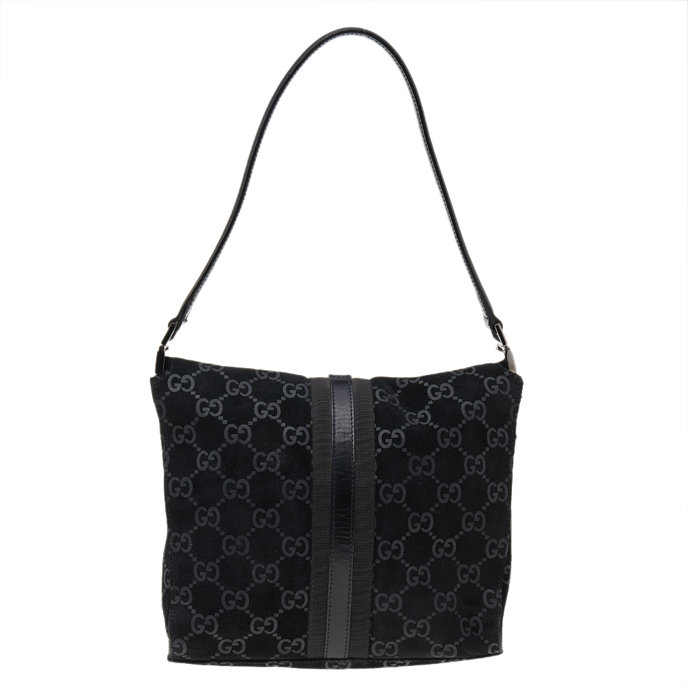 Gucci Black GG Print Suede And Leather Hobo