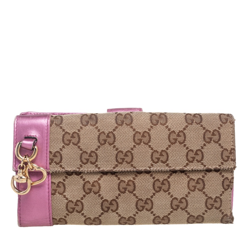 Gucci Pink/Beige GG Canvas and Leather Heart Bit Continental Wallet