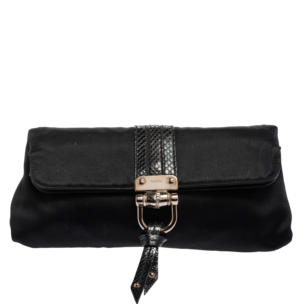 Gucci Black Satin and Snakeskin Bamboo Croisette Clutch