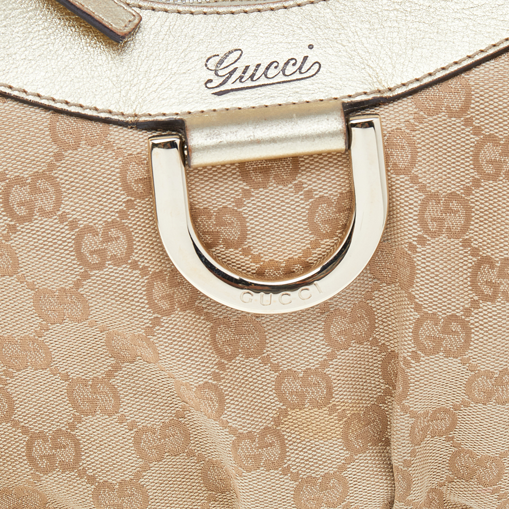 Gucci Beige/Gold GG Canvas And Leather D Ring Hobo