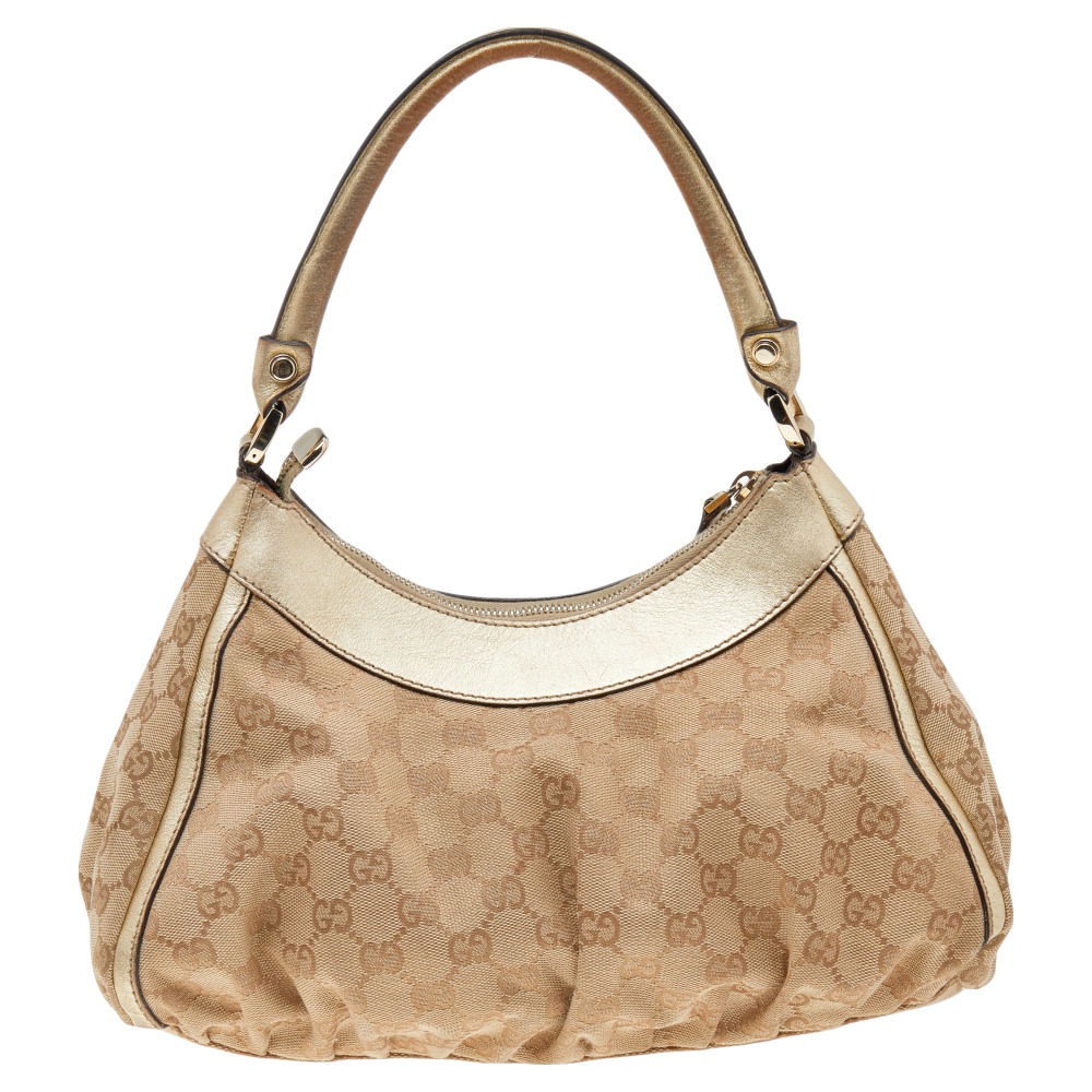 Gucci Beige/Gold GG Canvas And Leather D Ring Hobo
