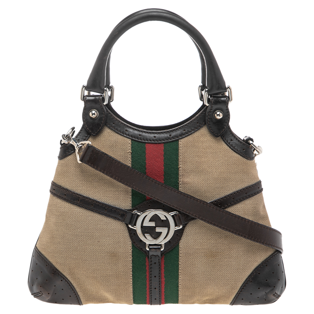 Gucci Brown Canvas and Leather Reins Web Stripes Hobo