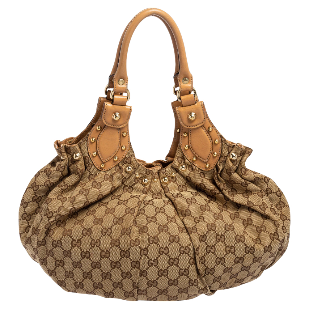Gucci Tan/Beige GG Canvas And Leather Pelham Studded Hobo