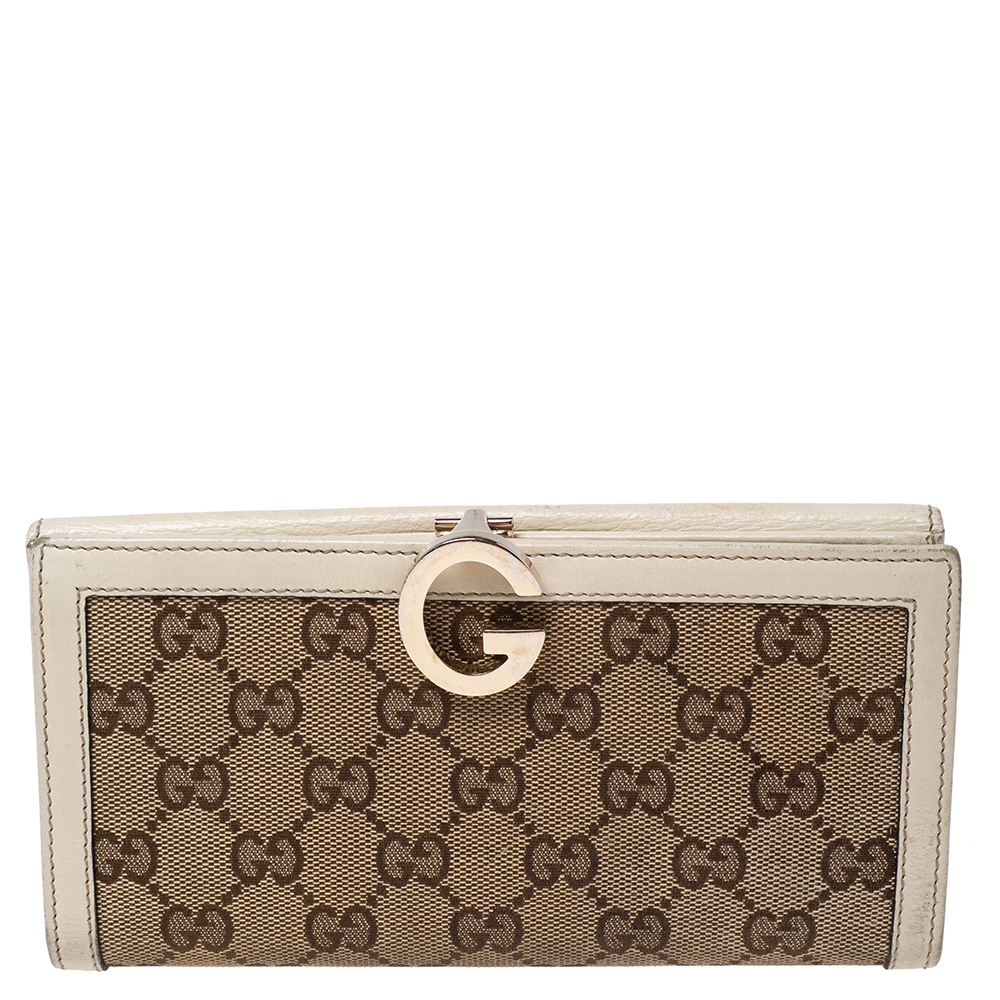 Gucci white/beige gg canvas and leather g bit flap continental wallet