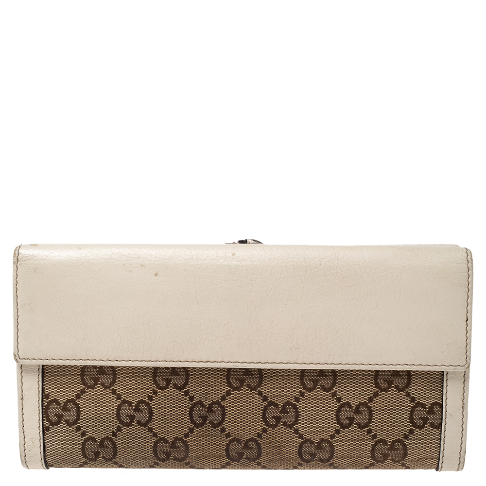 Gucci White/Beige GG Canvas And Leather G Bit Flap Continental Wallet