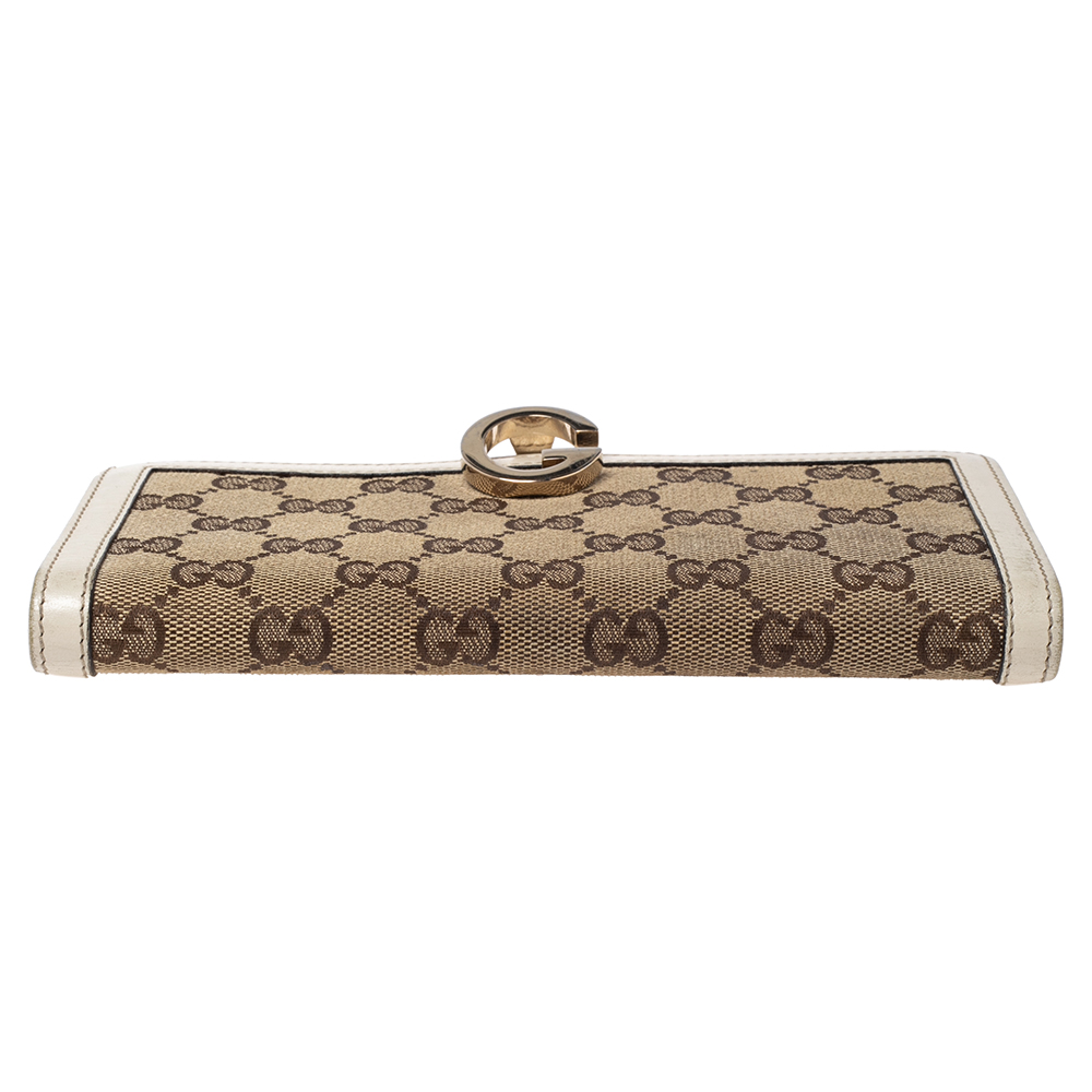 Gucci White/Beige GG Canvas And Leather G Bit Flap Continental Wallet
