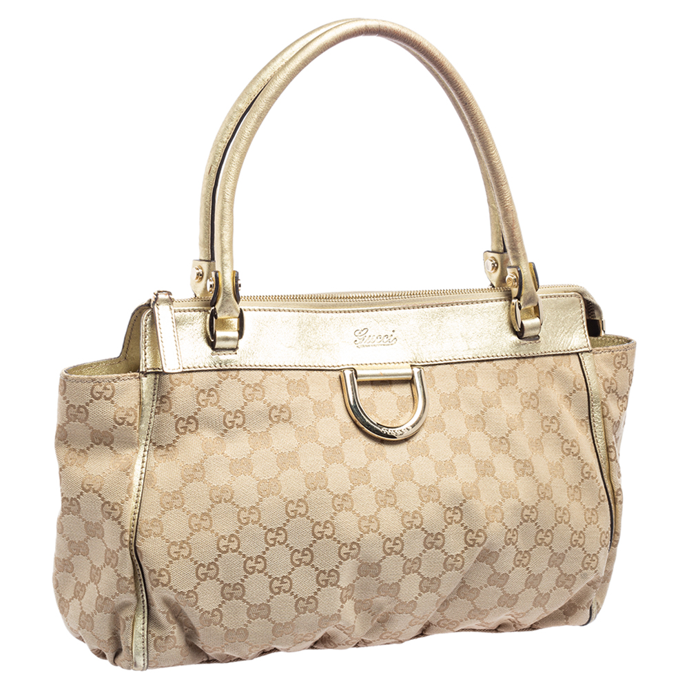 Gucci Beige/Gold GG Canvas And Leather D Ring Tote