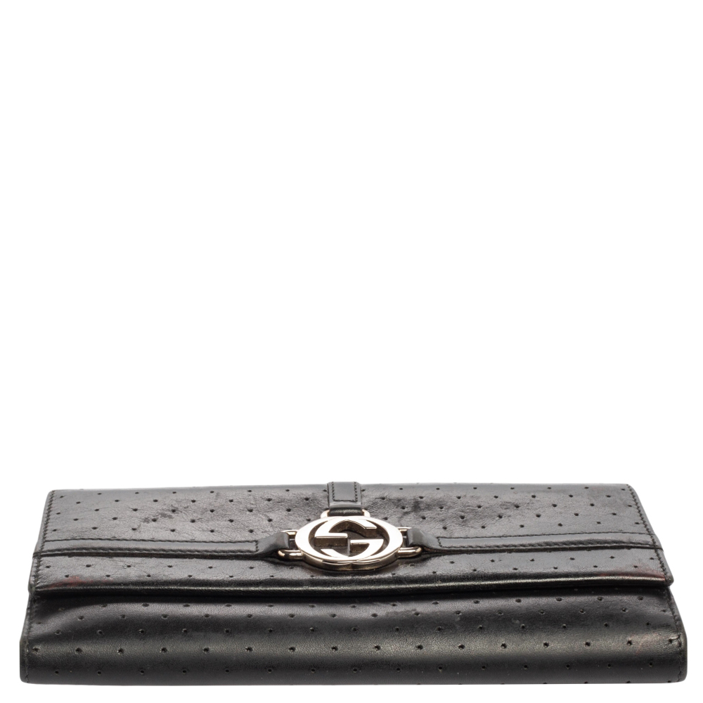 Gucci Black Perforated Leather Interlocking GG Continental Wallet