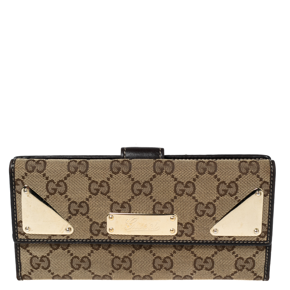 Gucci dark brown/beige gg canvas and leather indy continental wallet