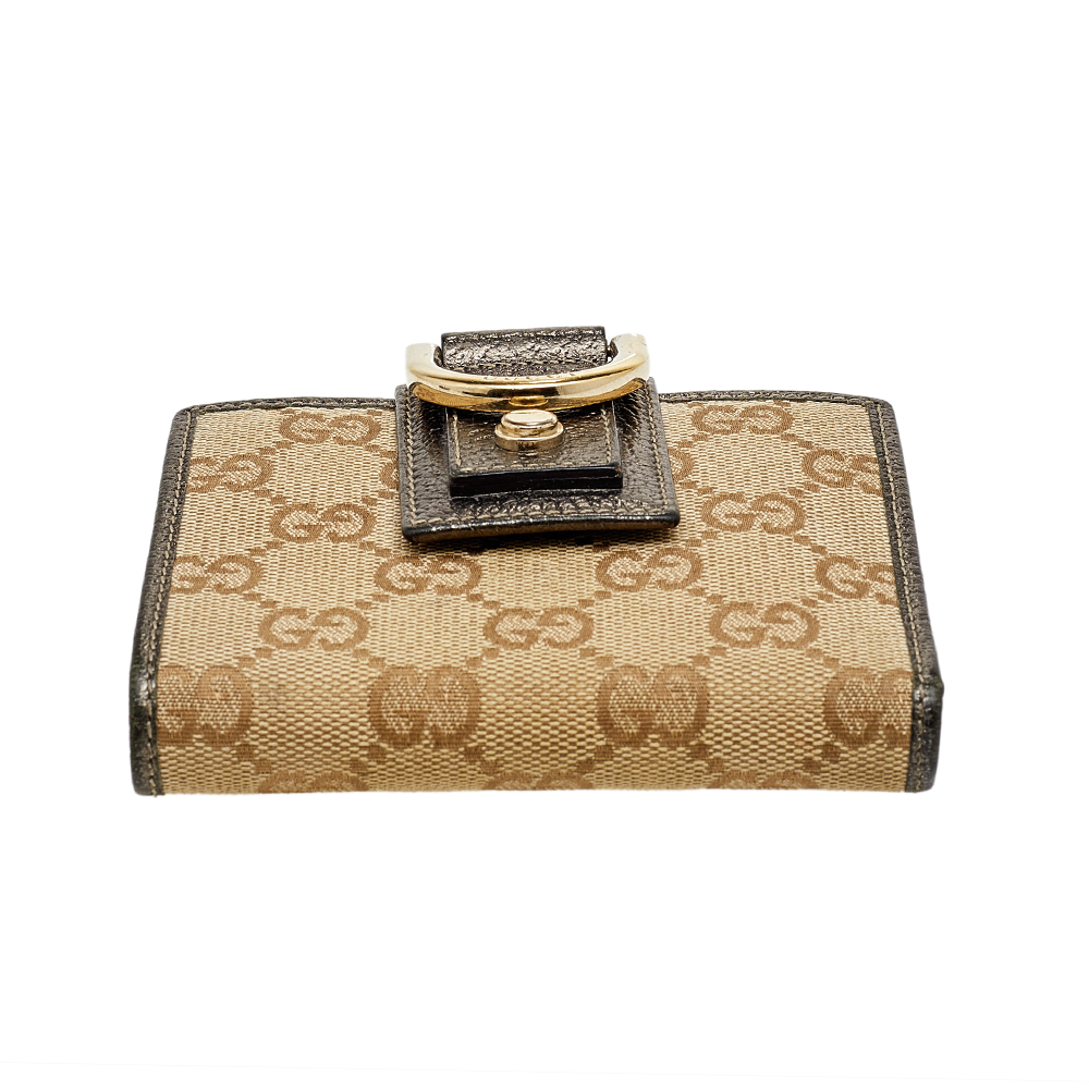Gucci Beige/Pewter GG Canvas And Leather D Ring Compact Wallet