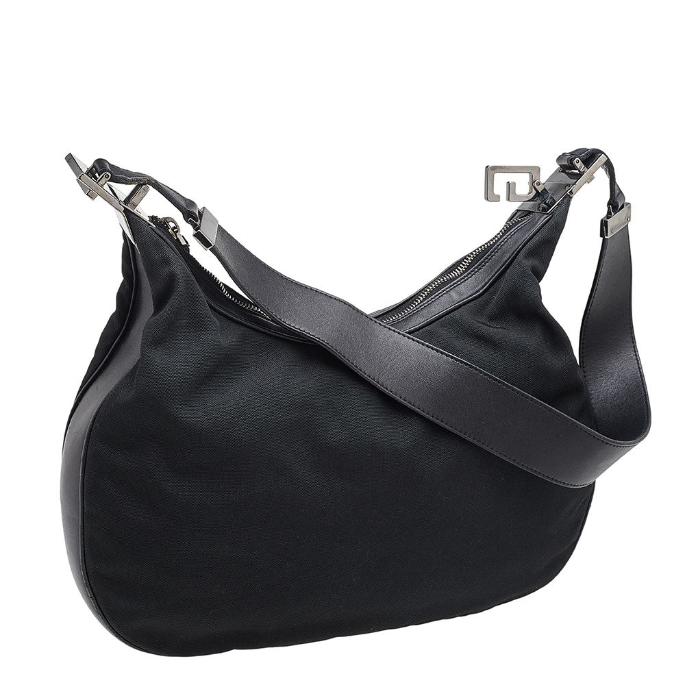 Gucci Black Leather And Fabric Vintage Hobo