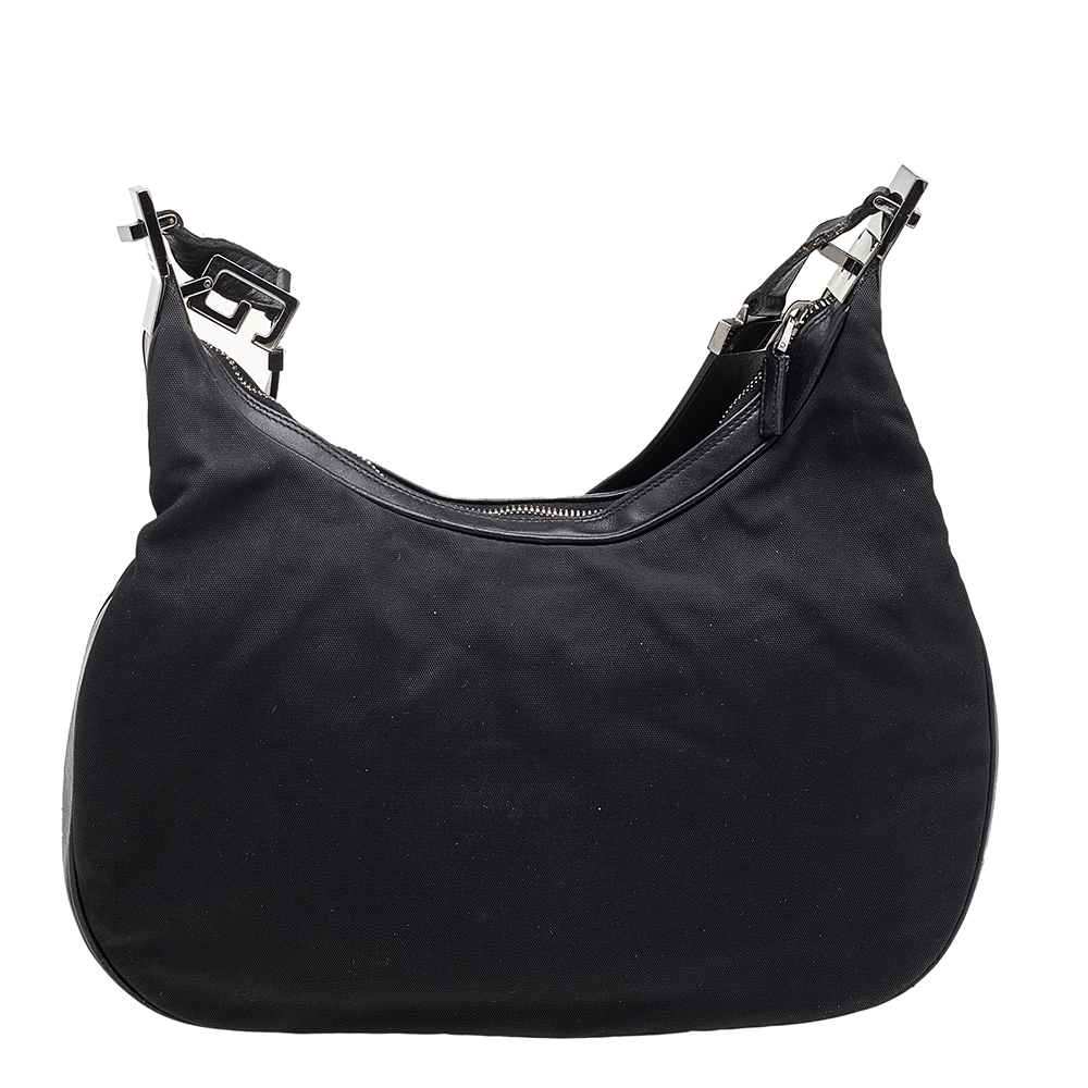 Gucci Black Leather And Fabric Vintage Hobo