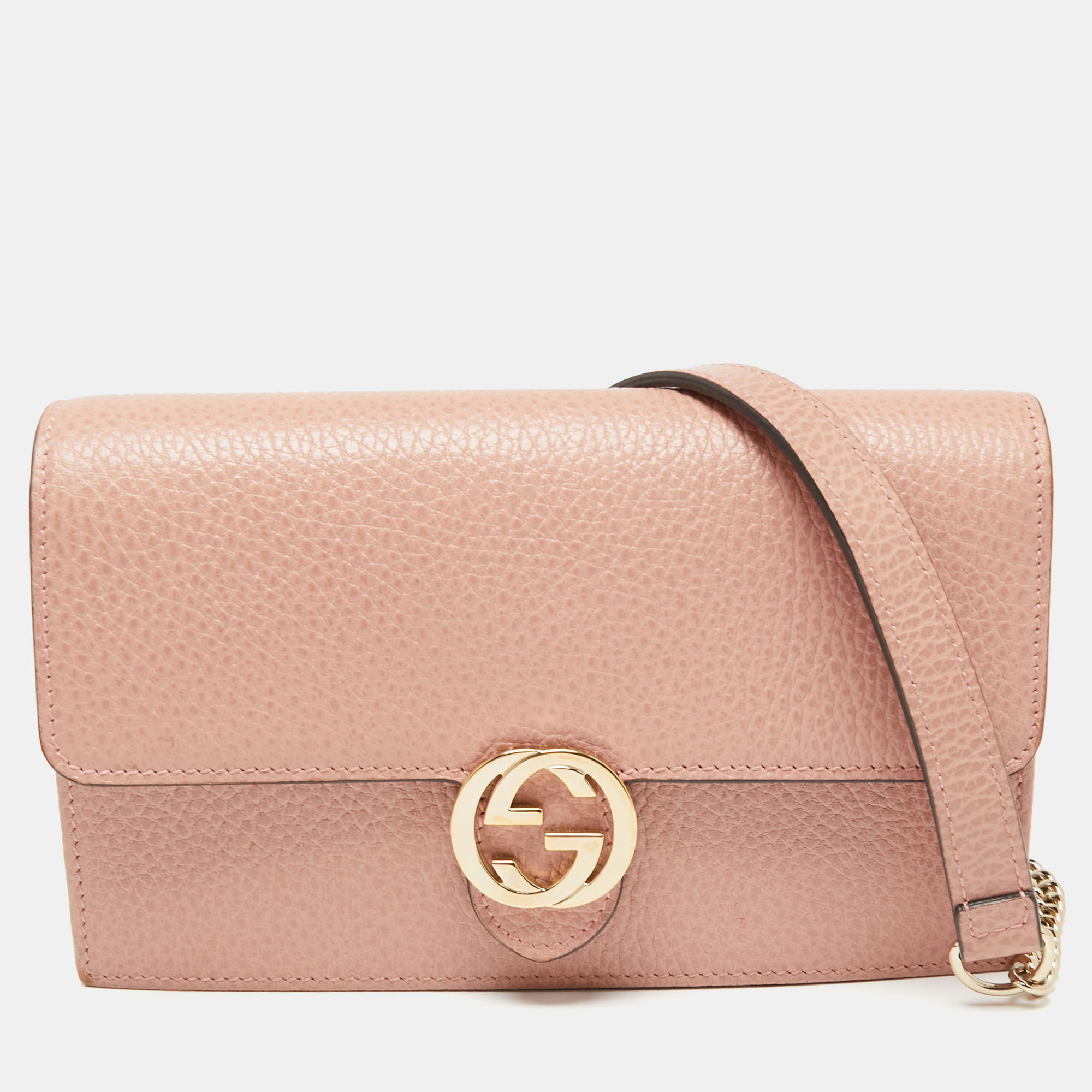 Gucci English Rose Leather Interlocking G Wallet on Chain