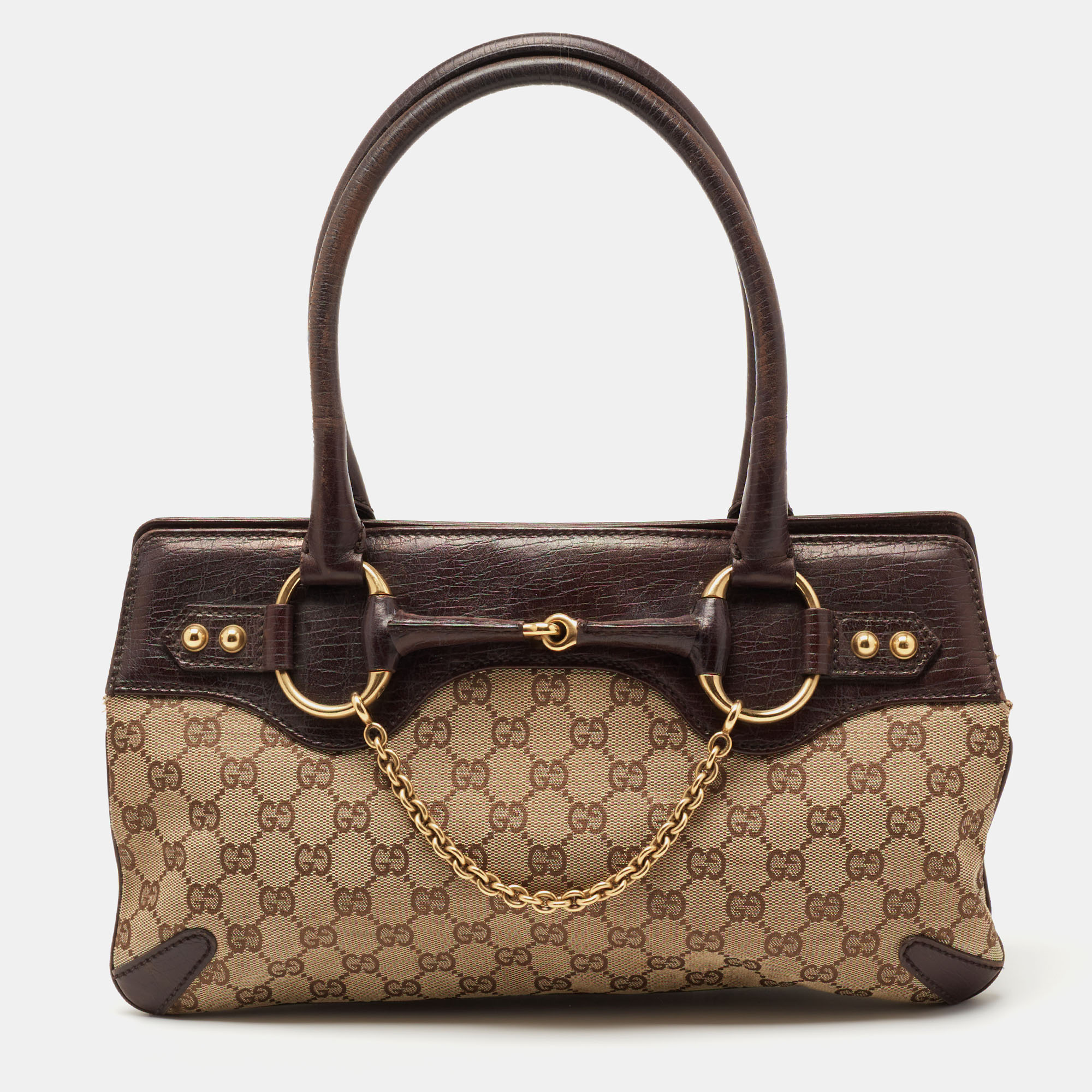 Gucci Beige/Dark Brown GG Canvas And Leather Horsebit Chain Tote