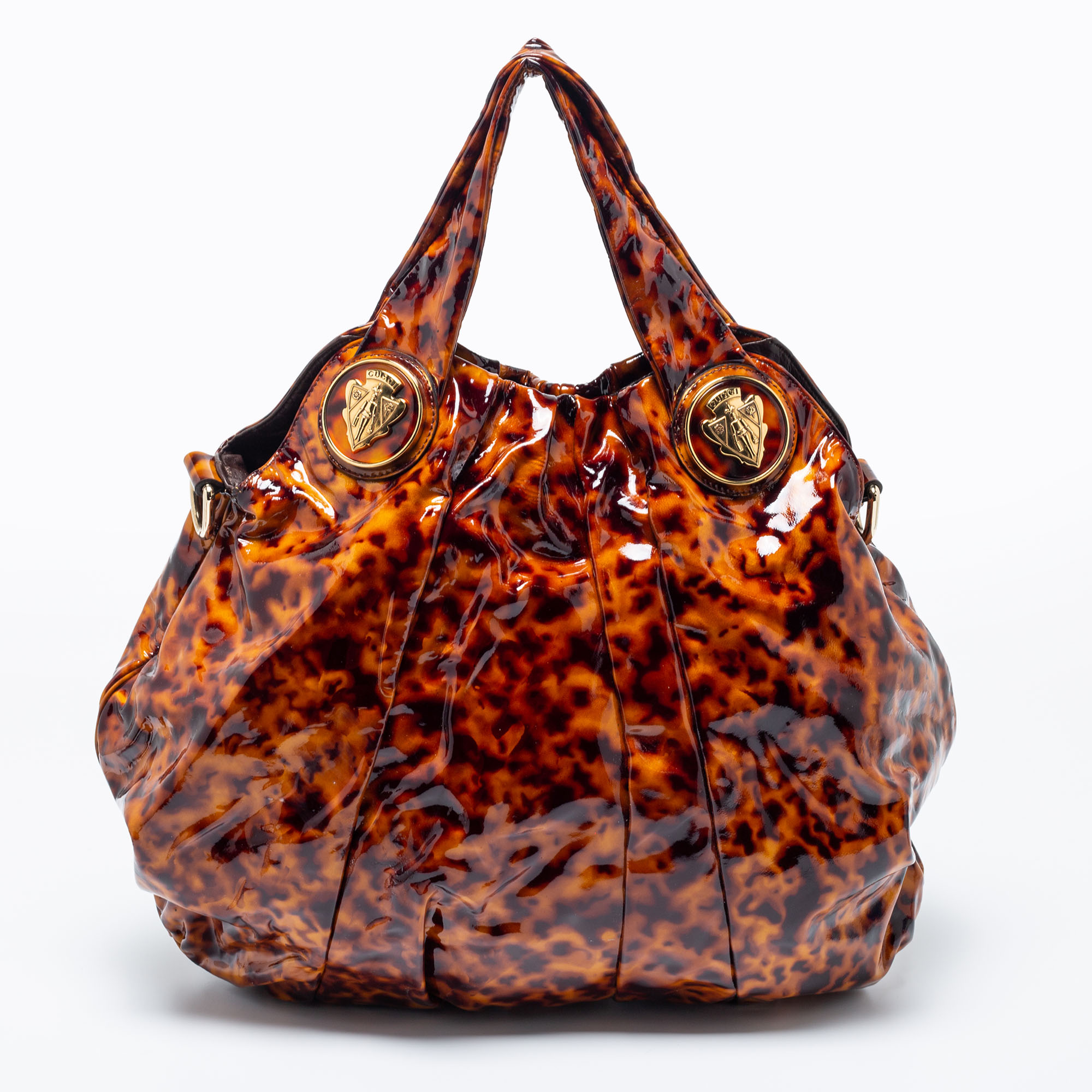 Gucci Brown/Black Tortoise Shell Patent Leather Large Hysteria Hobo