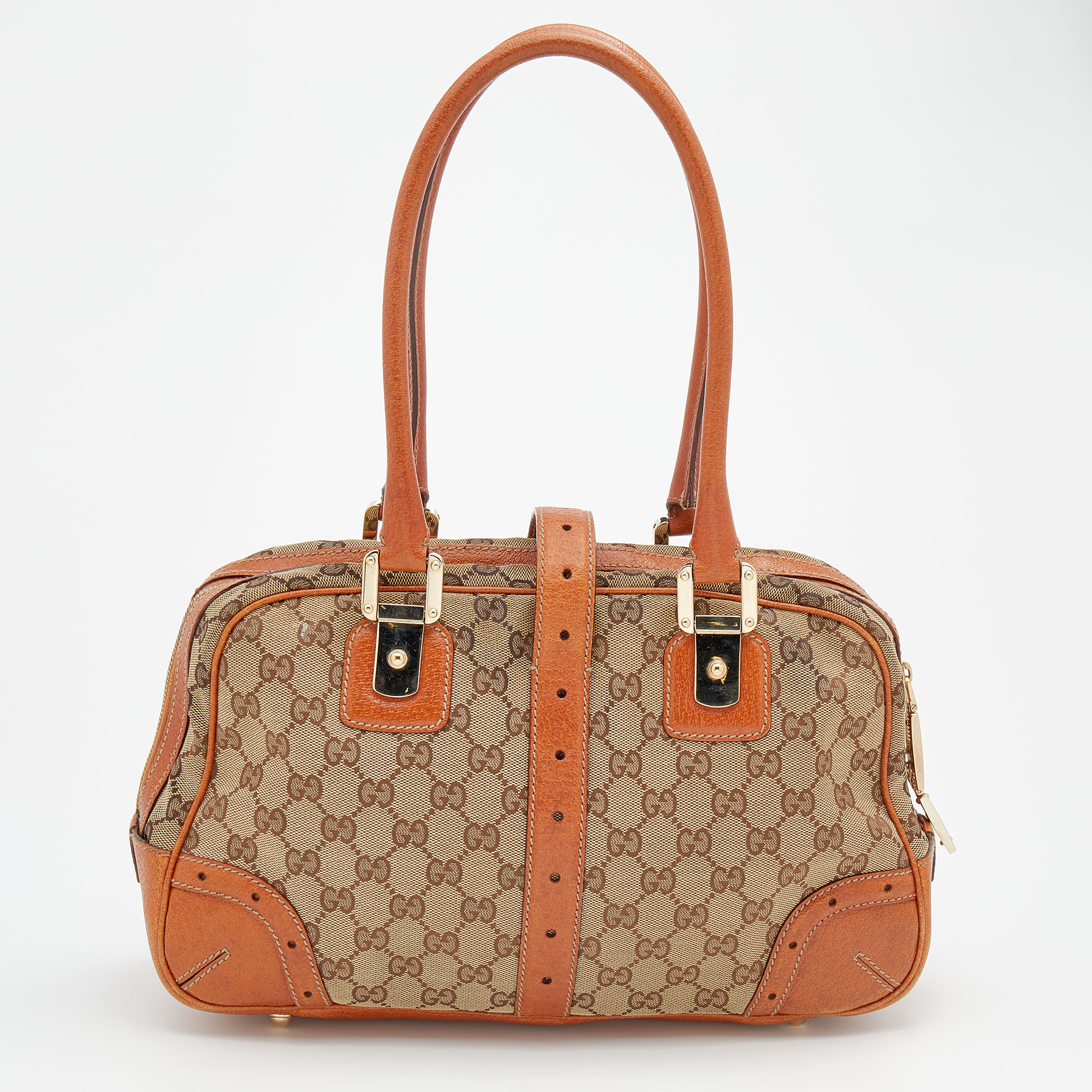 Gucci Brown/Beige GG Canvas And Leather Buckle Flap Glam Boston Bag
