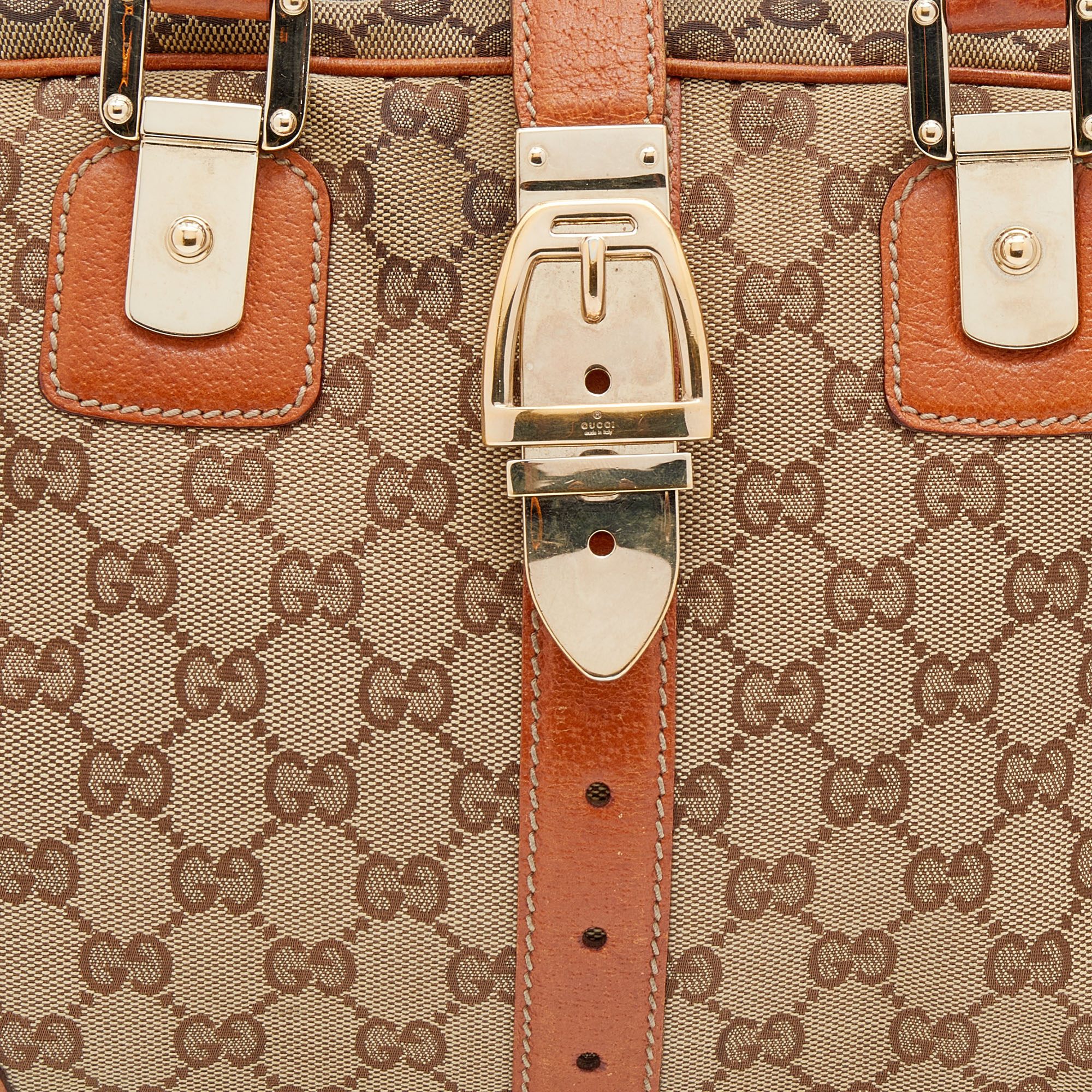 Gucci Brown/Beige GG Canvas And Leather Buckle Flap Glam Boston Bag