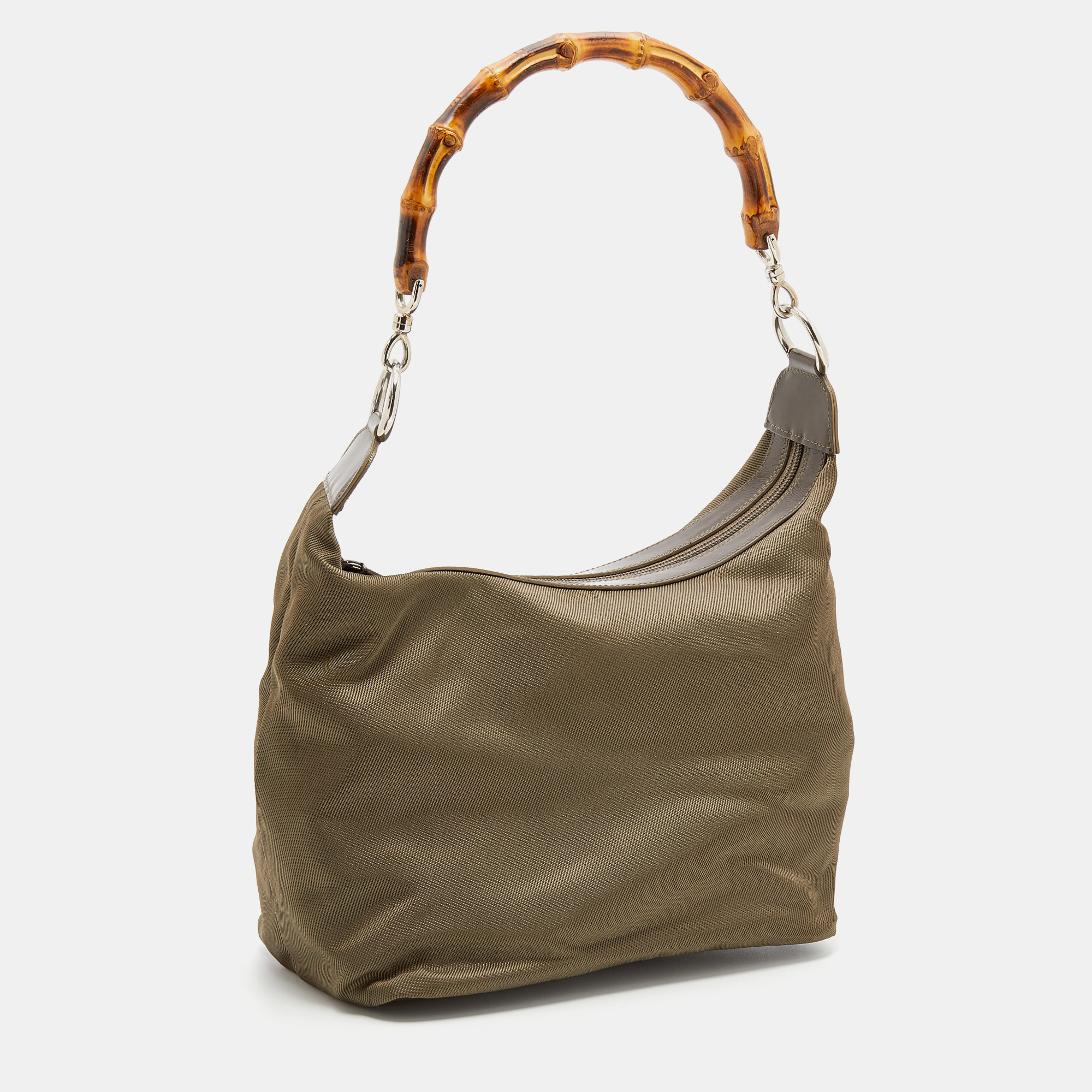 Gucci Olive Green Canvas And Patent Leather Peggy Bamboo Hobo