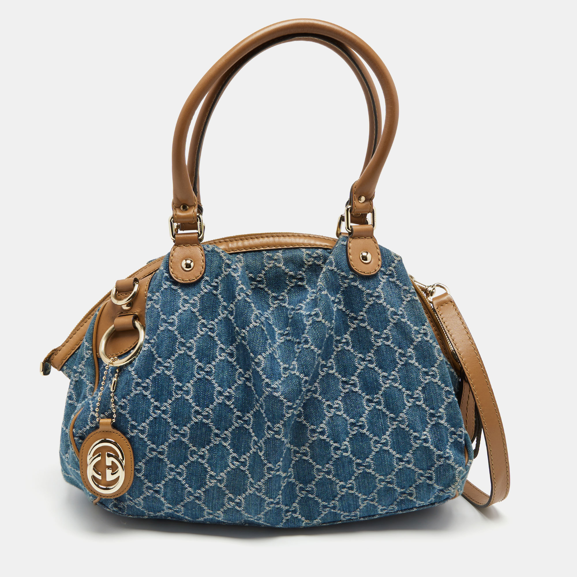 Gucci Blue/Brown GG Denim and Leather Medium Sukey Boston Bag