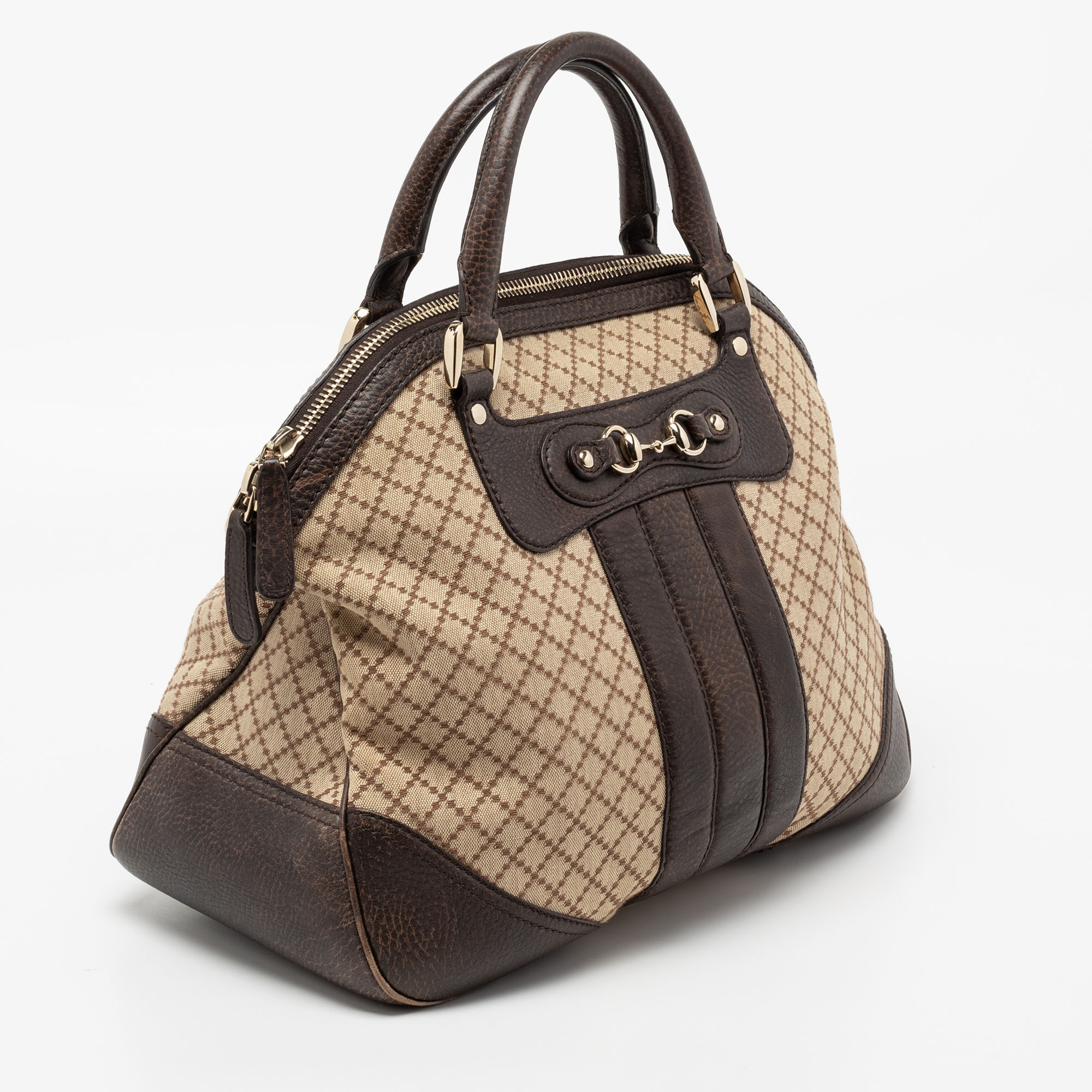 Gucci Beige/Brown Diamante Canvas And Leather Large Horsebit Catherine Satchel