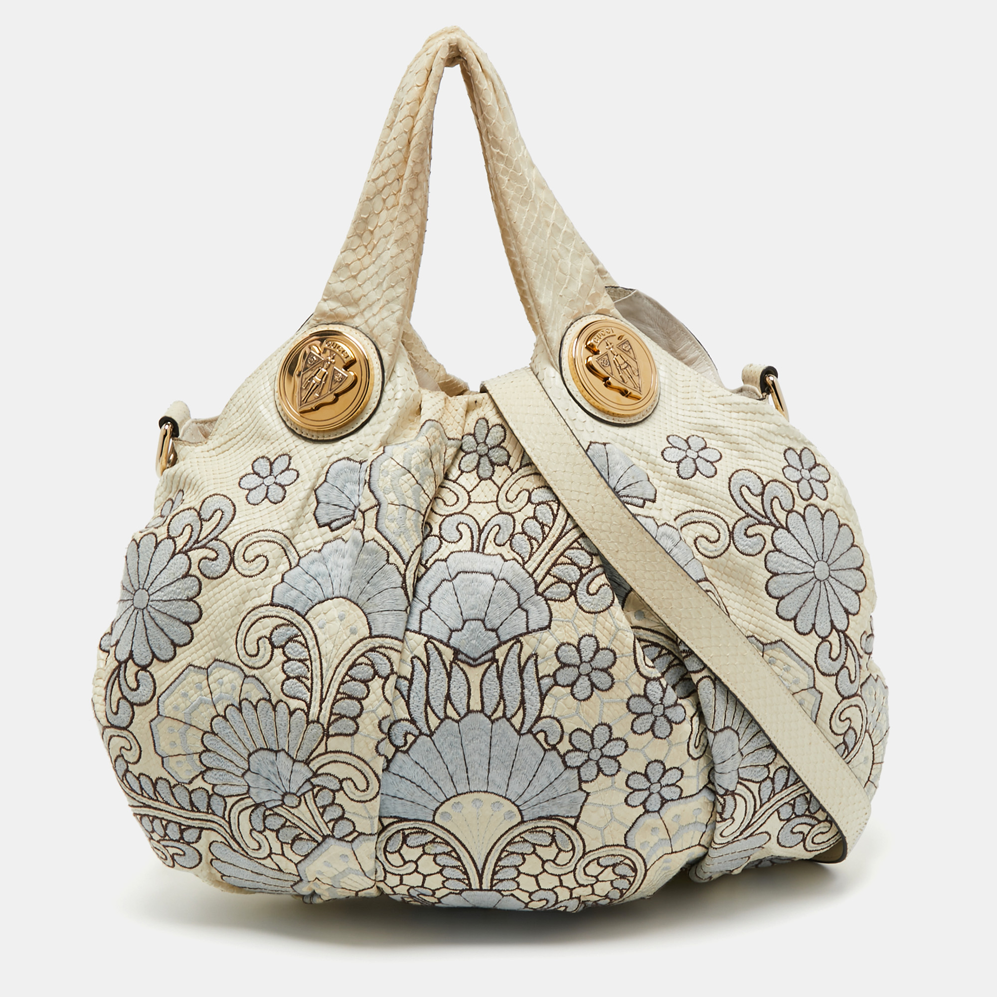 Gucci cream floral embroidered python large hysteria hobo