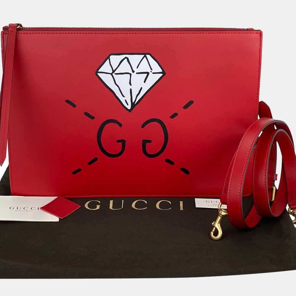 Gucci Red Calfskin Leather Diamond GG Messenger Shoulder Bag