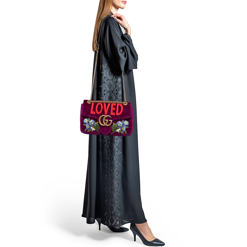 Gucci Purple Love Embroidered Matelassé Velvet Medium GG Marmont Shoulder Bag
Gucci Purple Love Embroidered Matelassé Velvet Medium GG Marmont Shoulder Bag