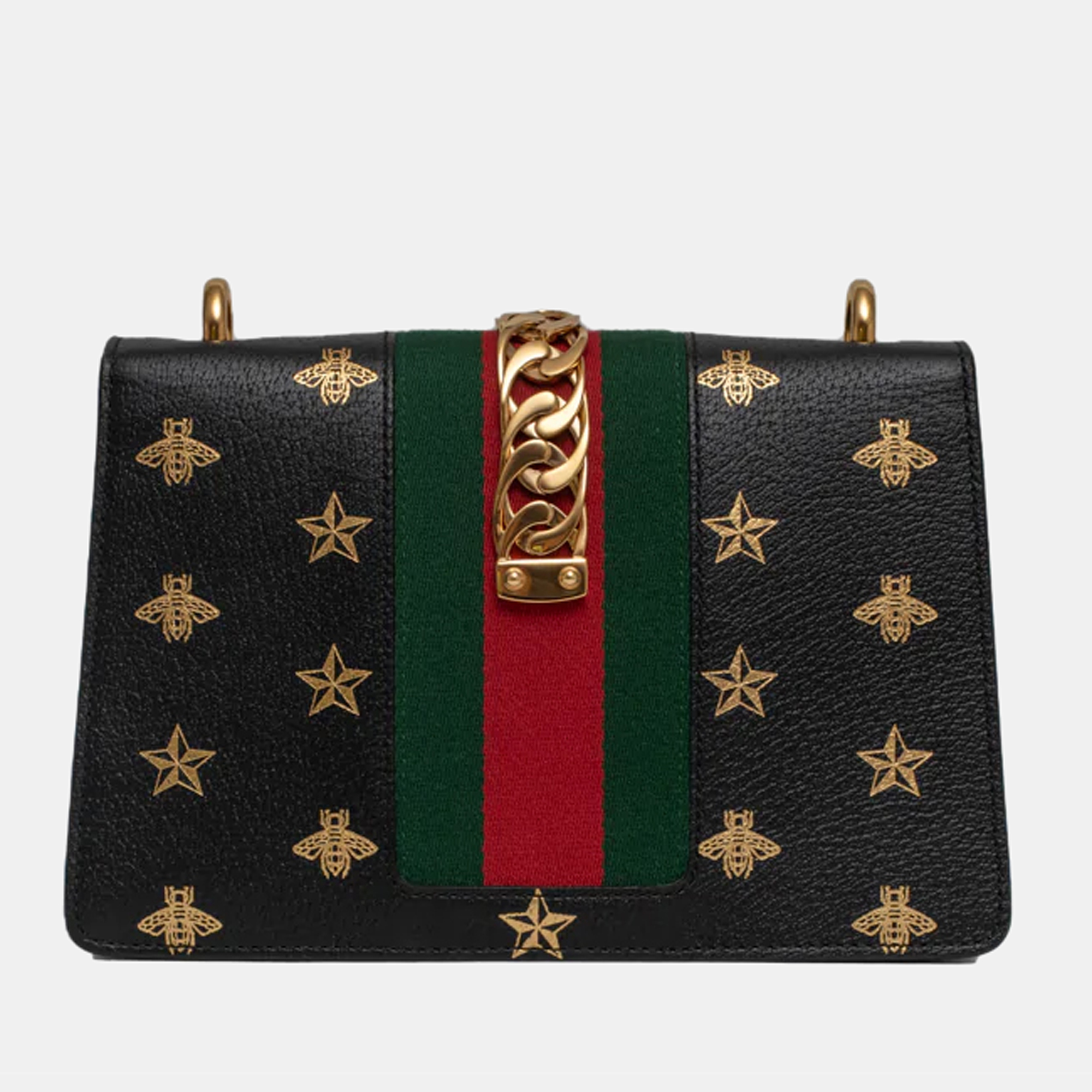 Gucci Black Bee Star Print Leather Small Sylvie Shoulder Bag