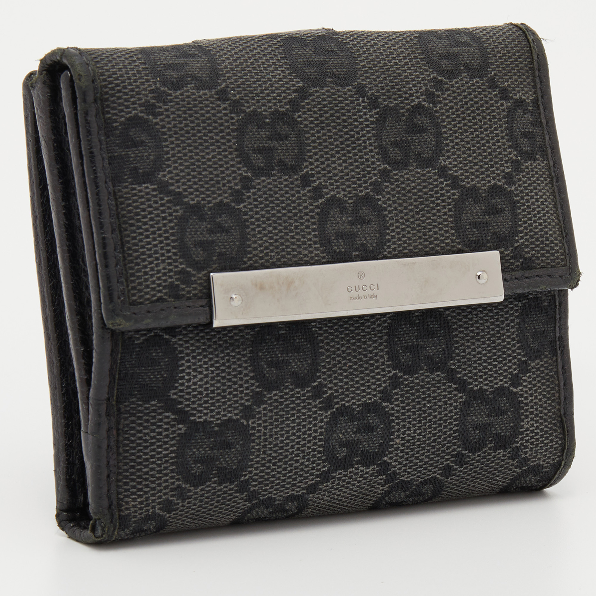 Gucci Black GG Canvas And Leather Flap Compact Wallet