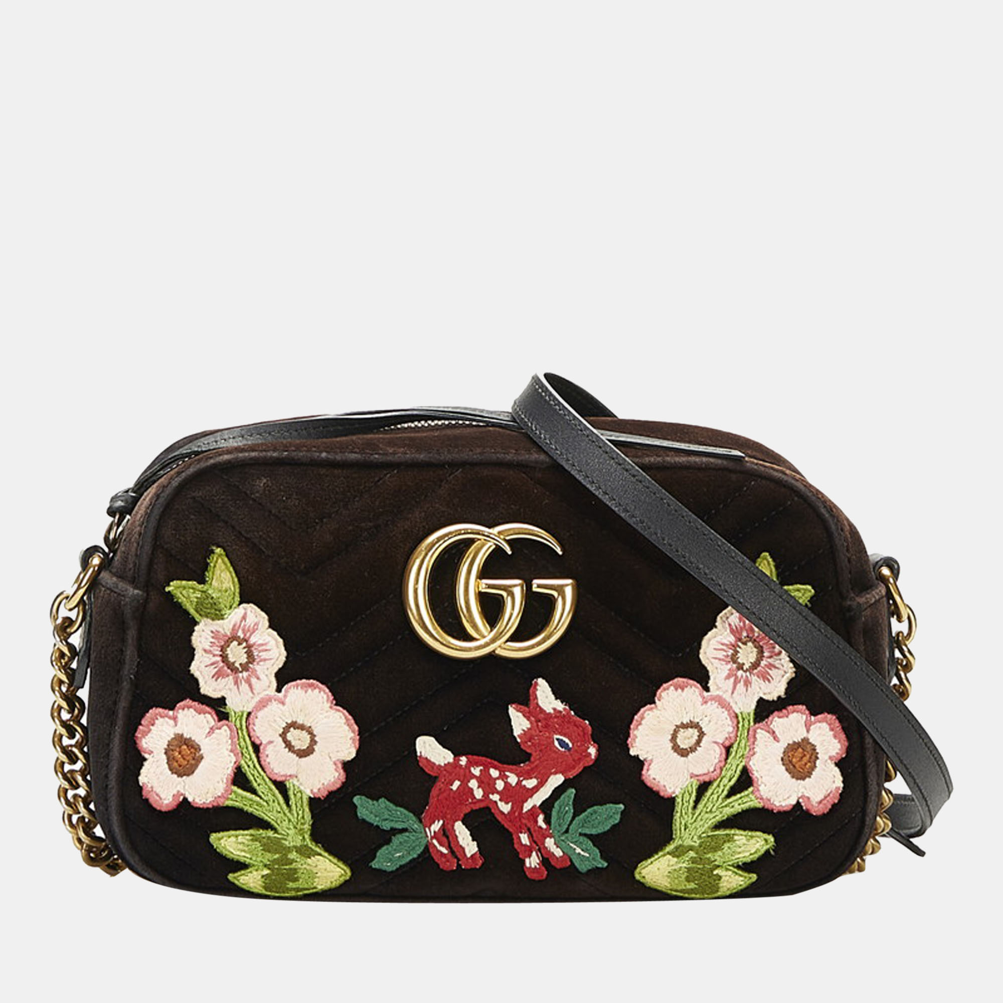 Gucci Black Cotton GG Marmont Velor Bambi Flower Bag