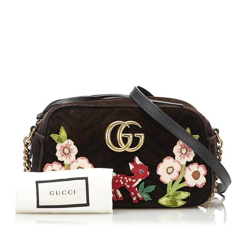 Gucci Black Cotton GG Marmont Velor Bambi Flower Bag