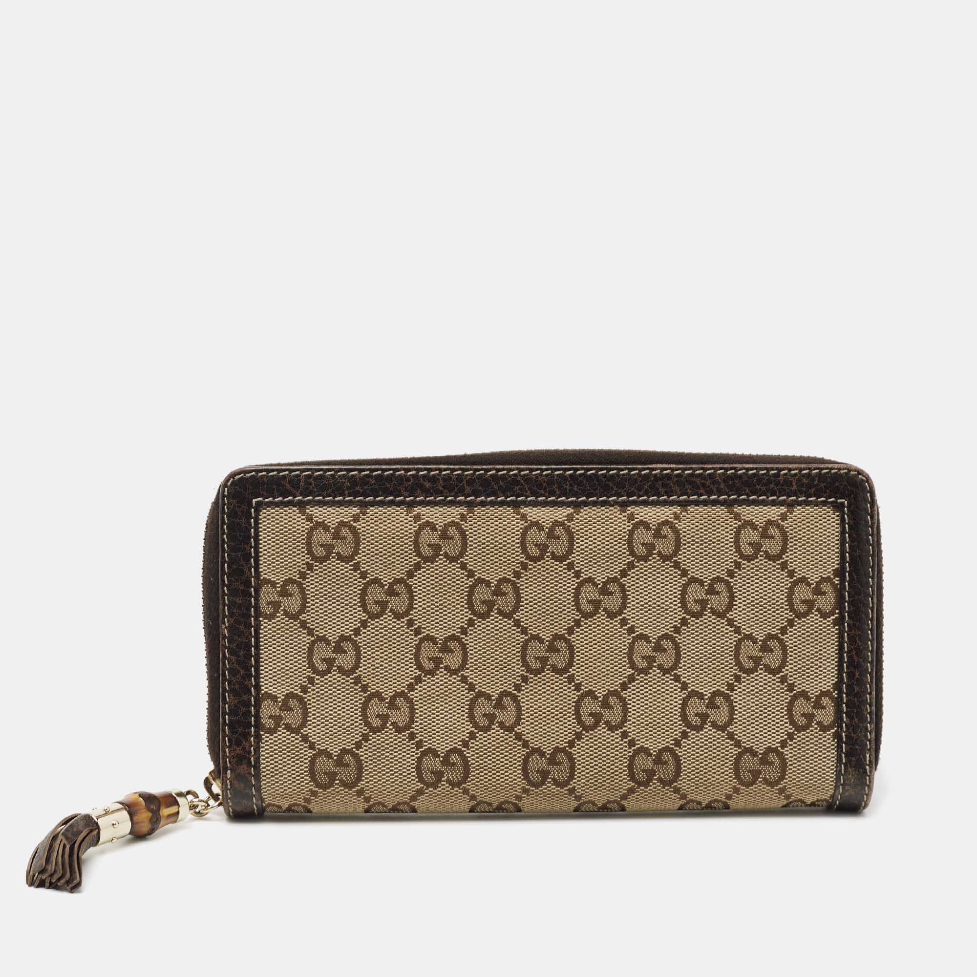 Gucci Beige/Brown GG Canvas And Leather Bamboo Tassel Zip Around Wallet