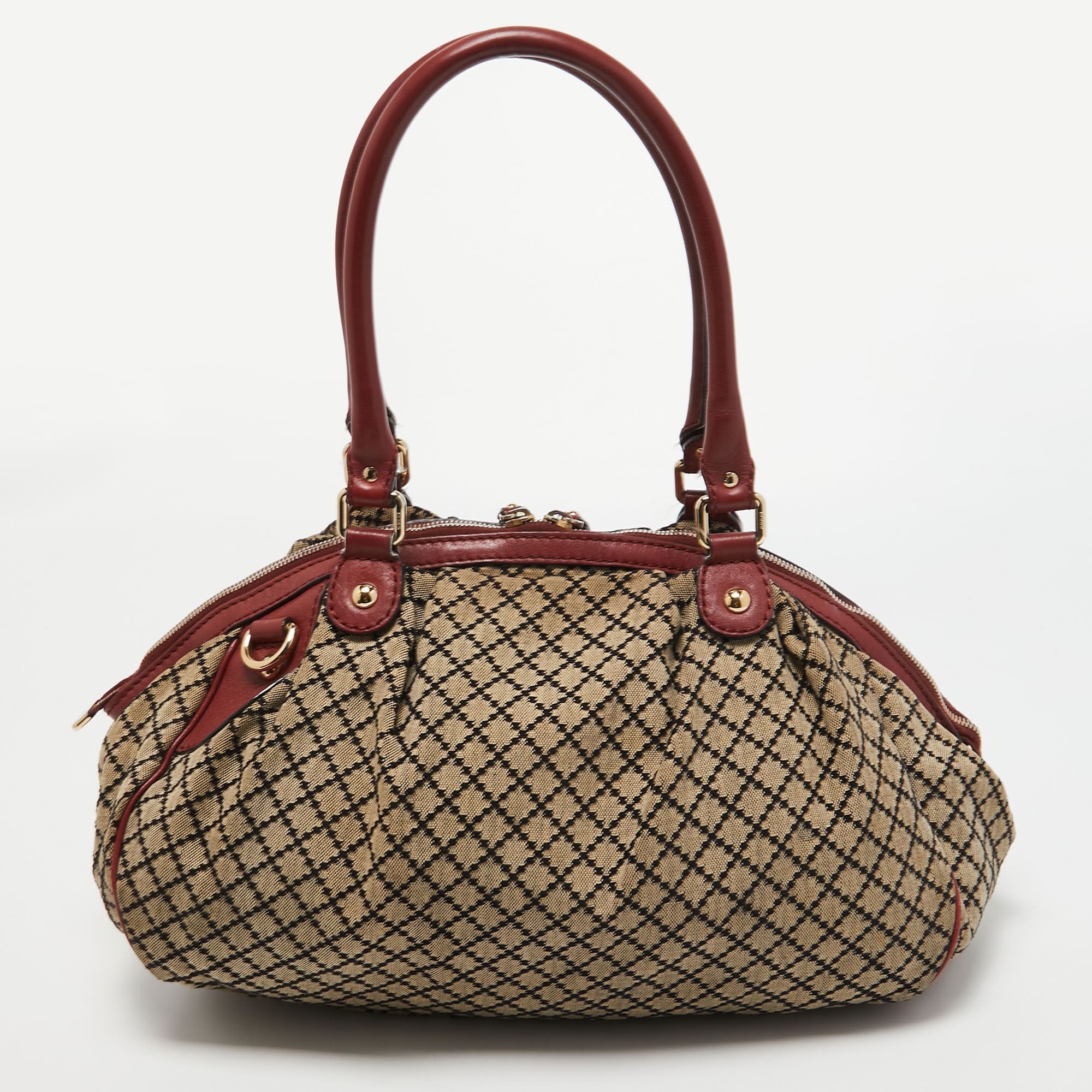 Gucci Red/Beige Diamante Canvas And Leather Medium Sukey Boston Bag
