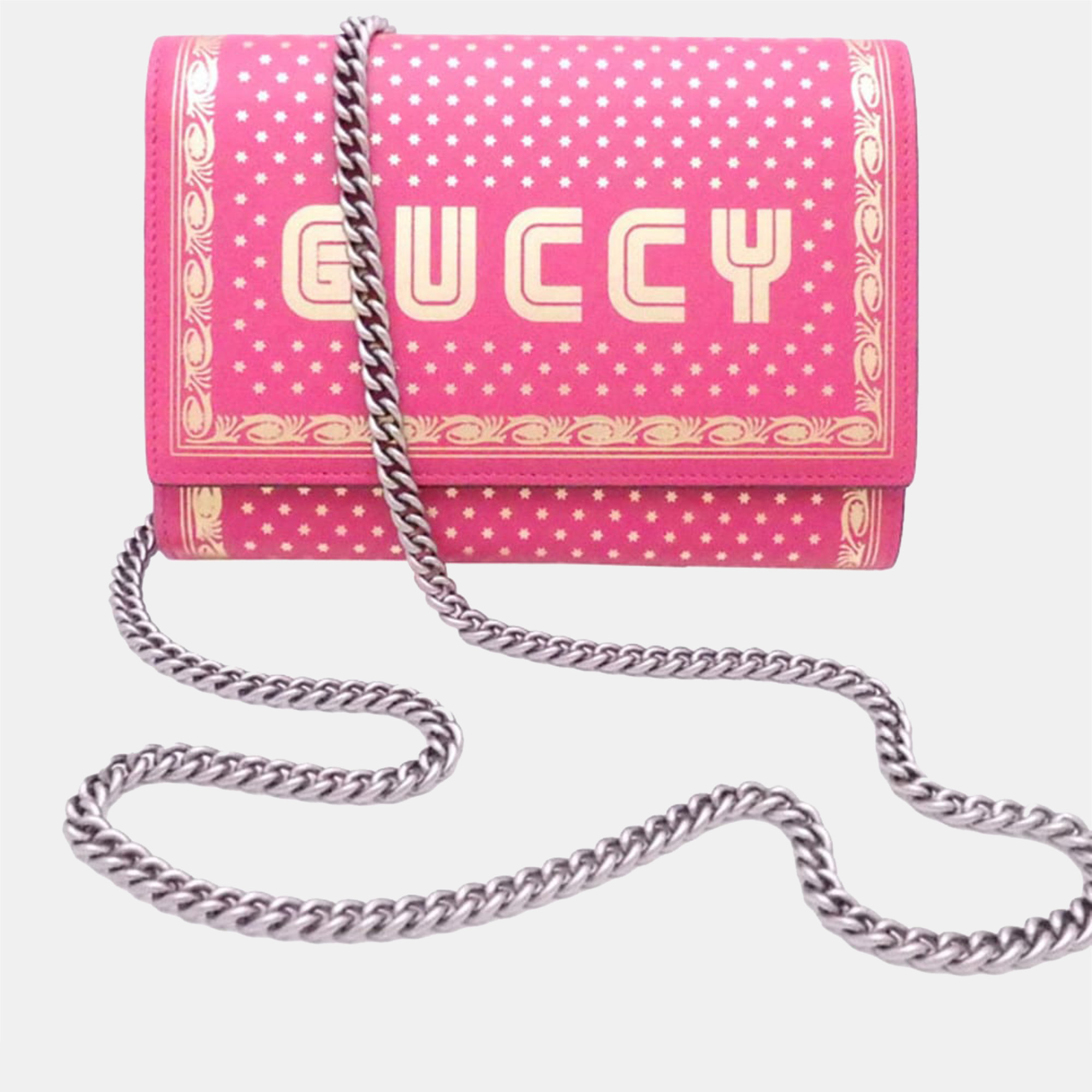 Gucci pink leather limited edition printed guccy wallet on chain