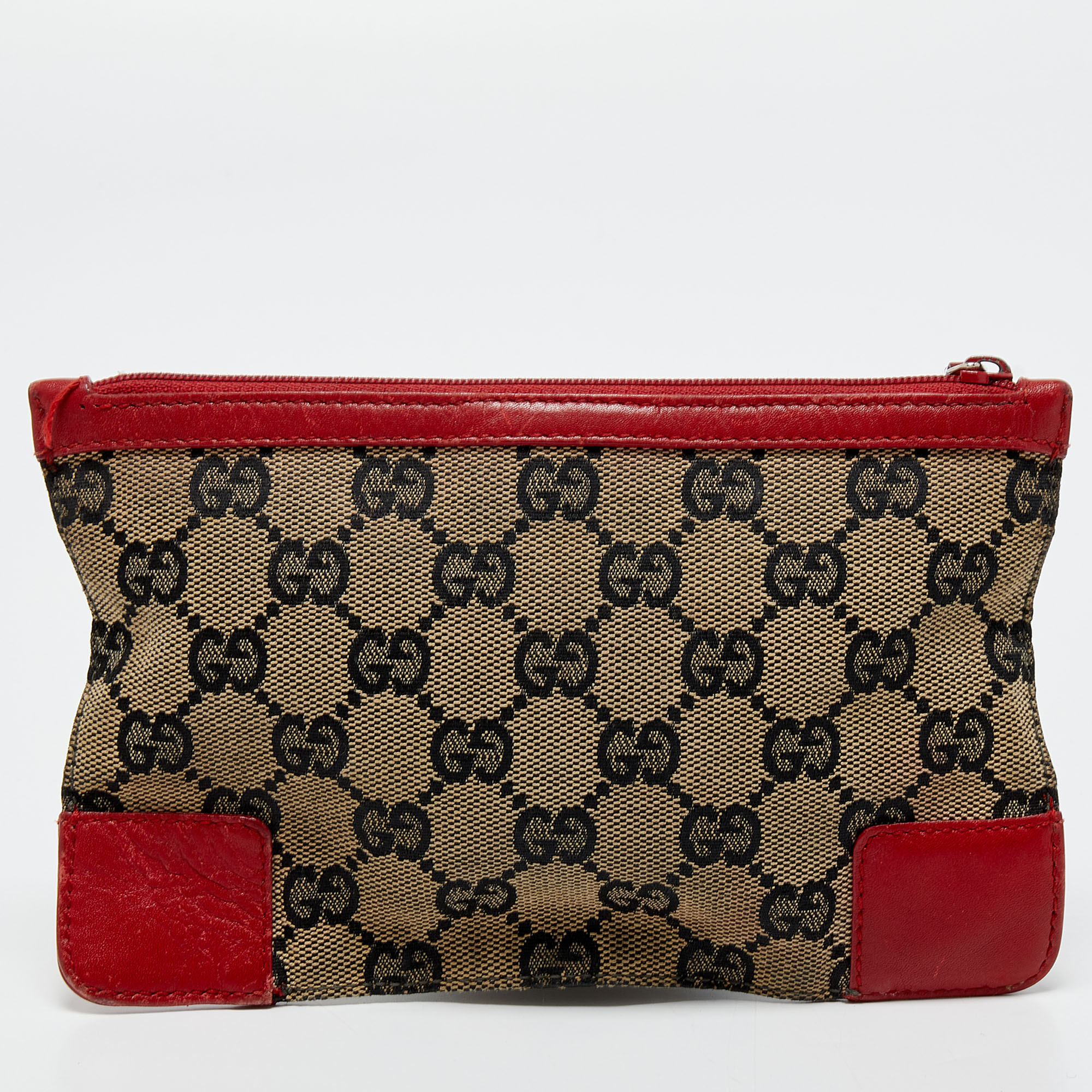 Gucci Red/Beige GG Canvas And Leather Flat Pouch