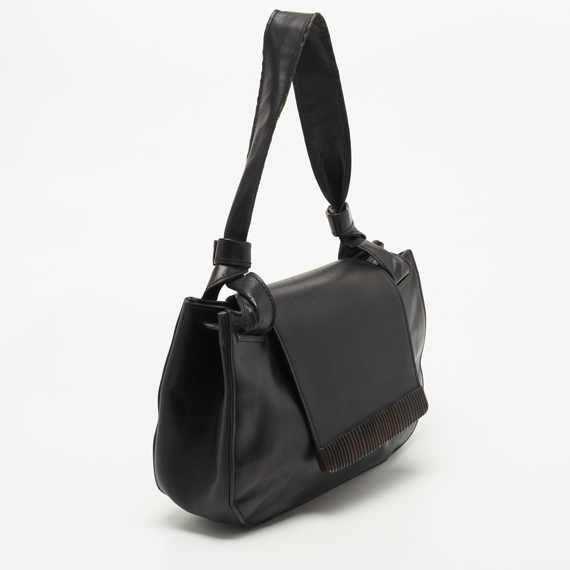 Gucci Black Leather Wood Flap Shoulder Bag