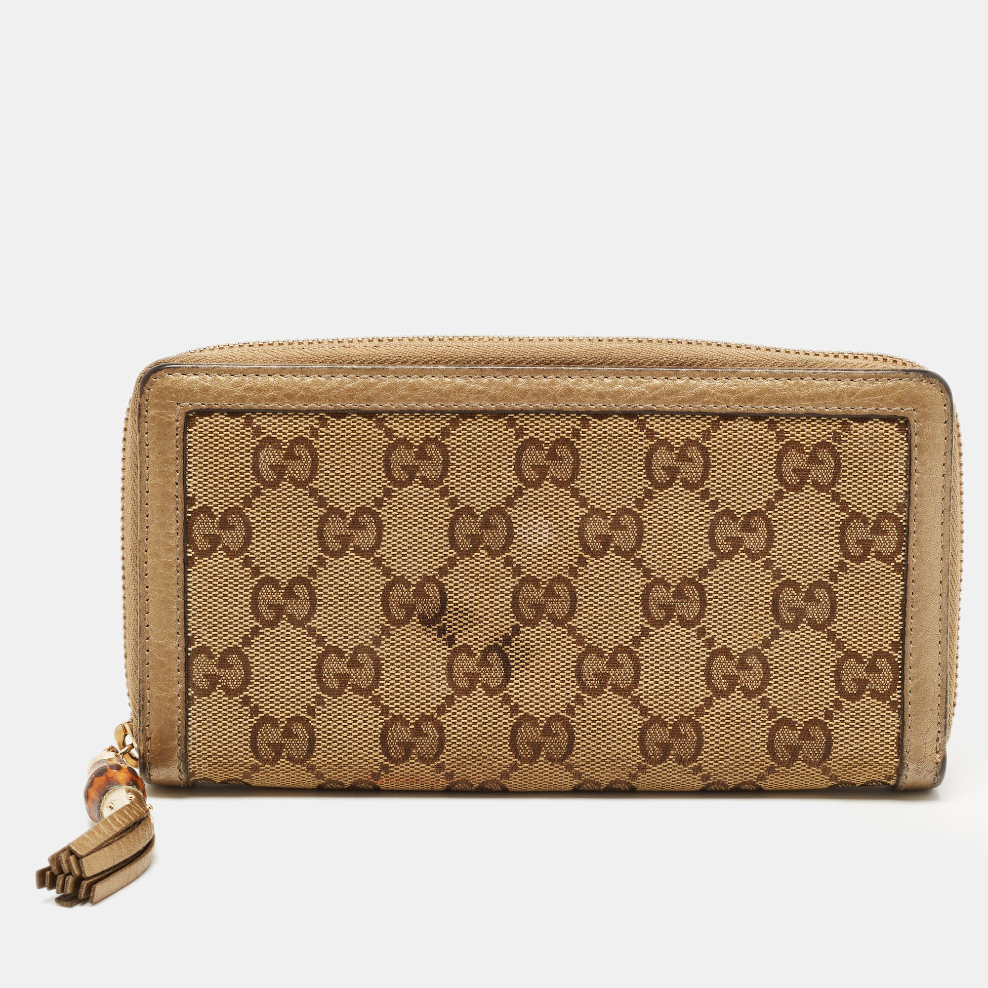 Gucci Beige GG Canvas And Leather Bamboo Tassel Zip Around Wallet