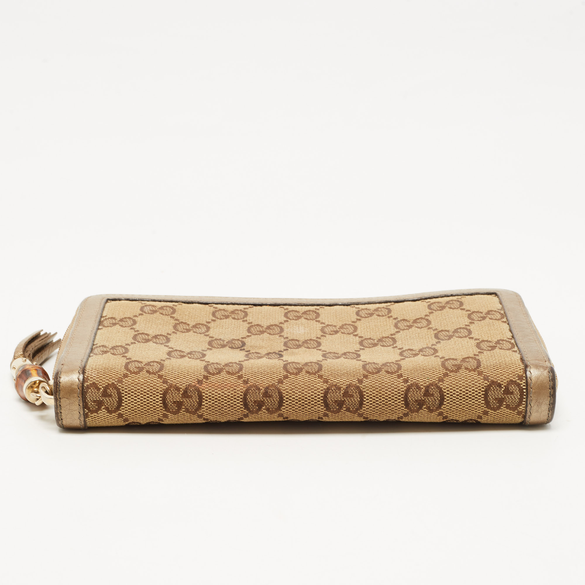 Gucci Beige GG Canvas And Leather Bamboo Tassel Zip Around Wallet