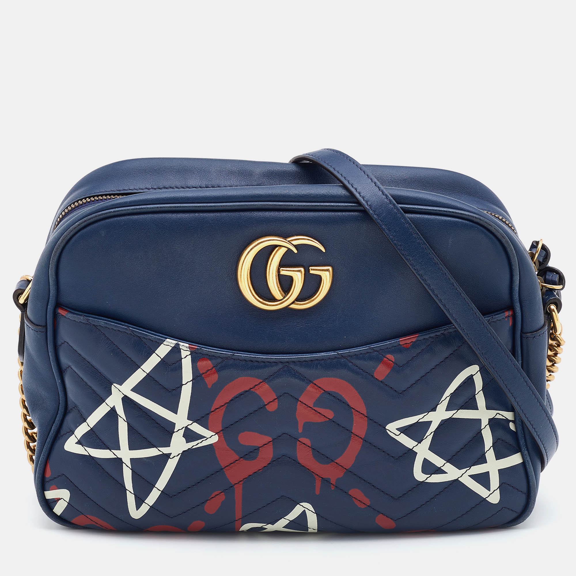 Gucci Blue Graffiti Leather GG Marmont Gucci Ghost Shoulder Bag