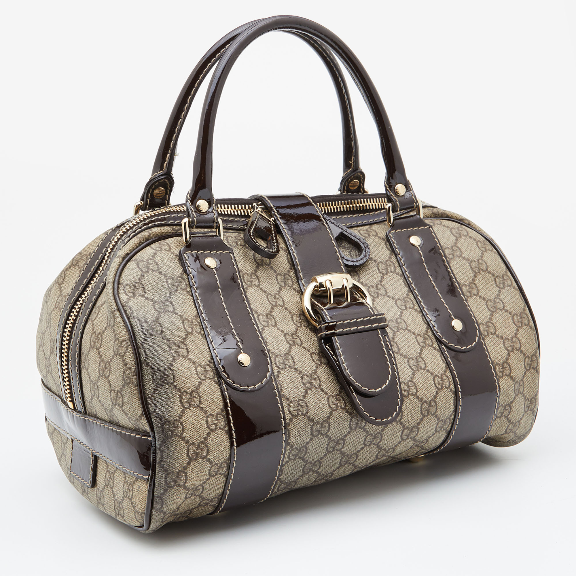 Gucci Beige/Brown GG Supreme Canvas And Patent Leather Boston Bag