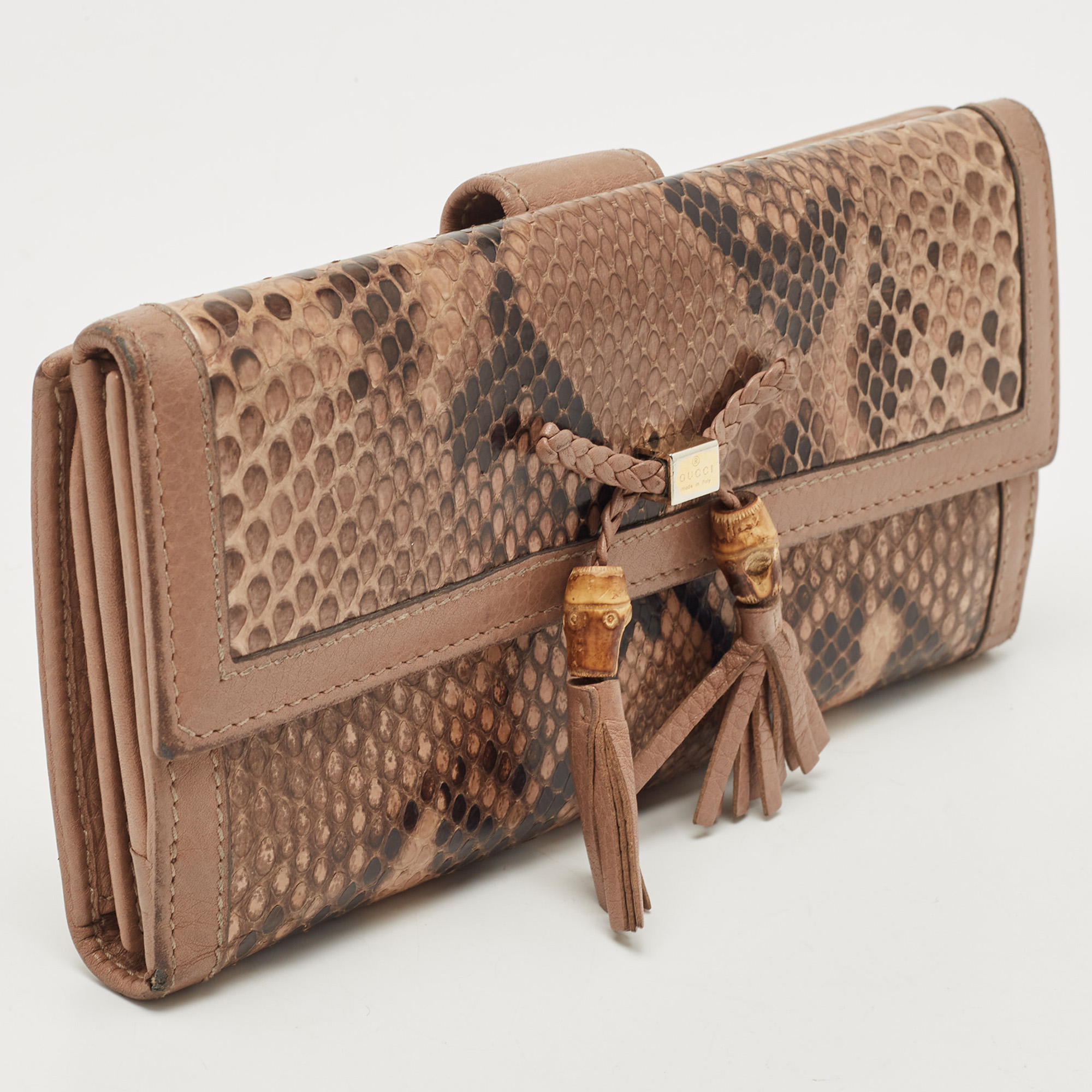 Gucci Beige/Brown Python And Leather Bamboo Tassel Bella Continental Wallet