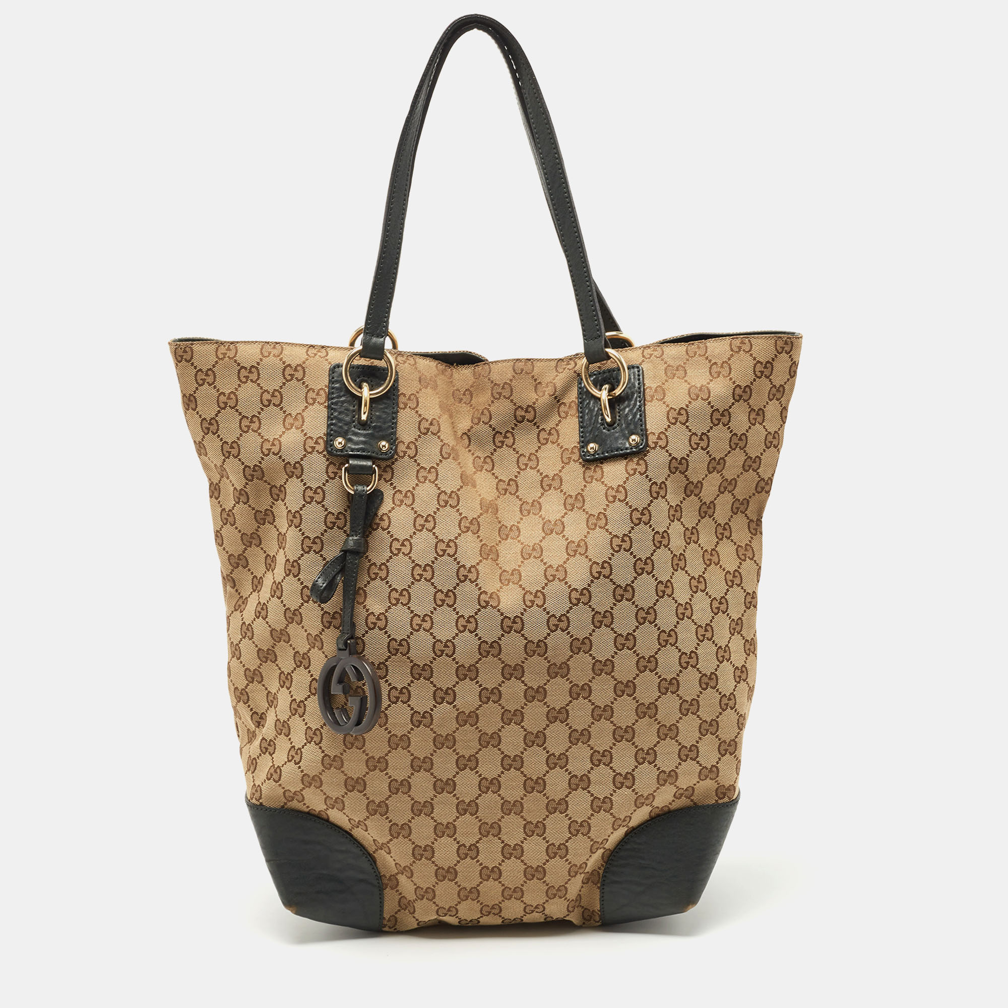 Gucci Beige/Dark Green GG Canvas And Leather Large Charms Tote