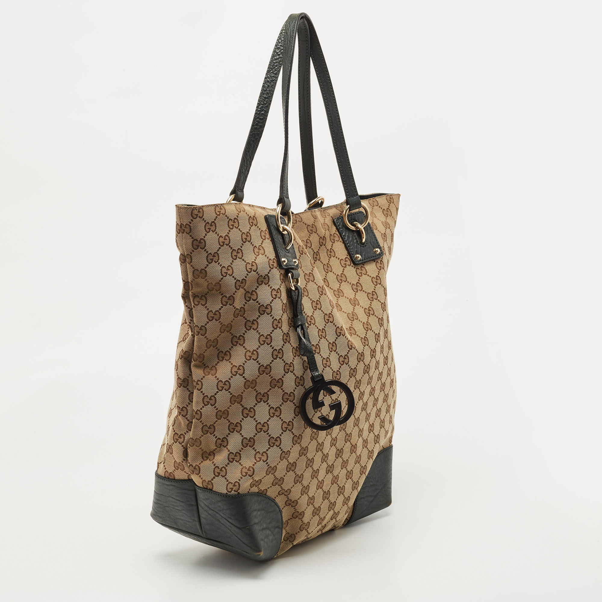 Gucci Beige/Dark Green GG Canvas And Leather Large Charms Tote