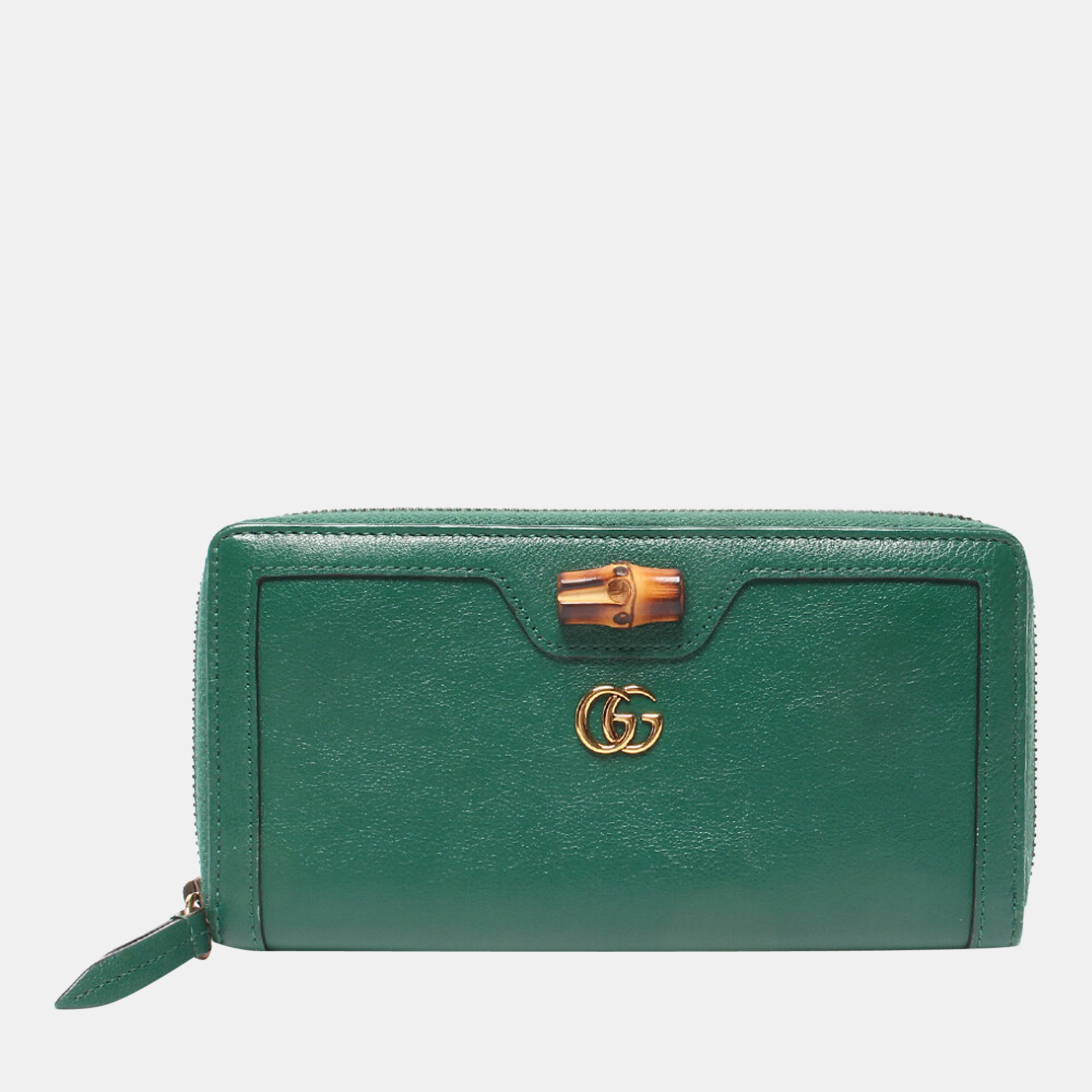 Gucci Green Leather Bamboo Zip Around Wallet