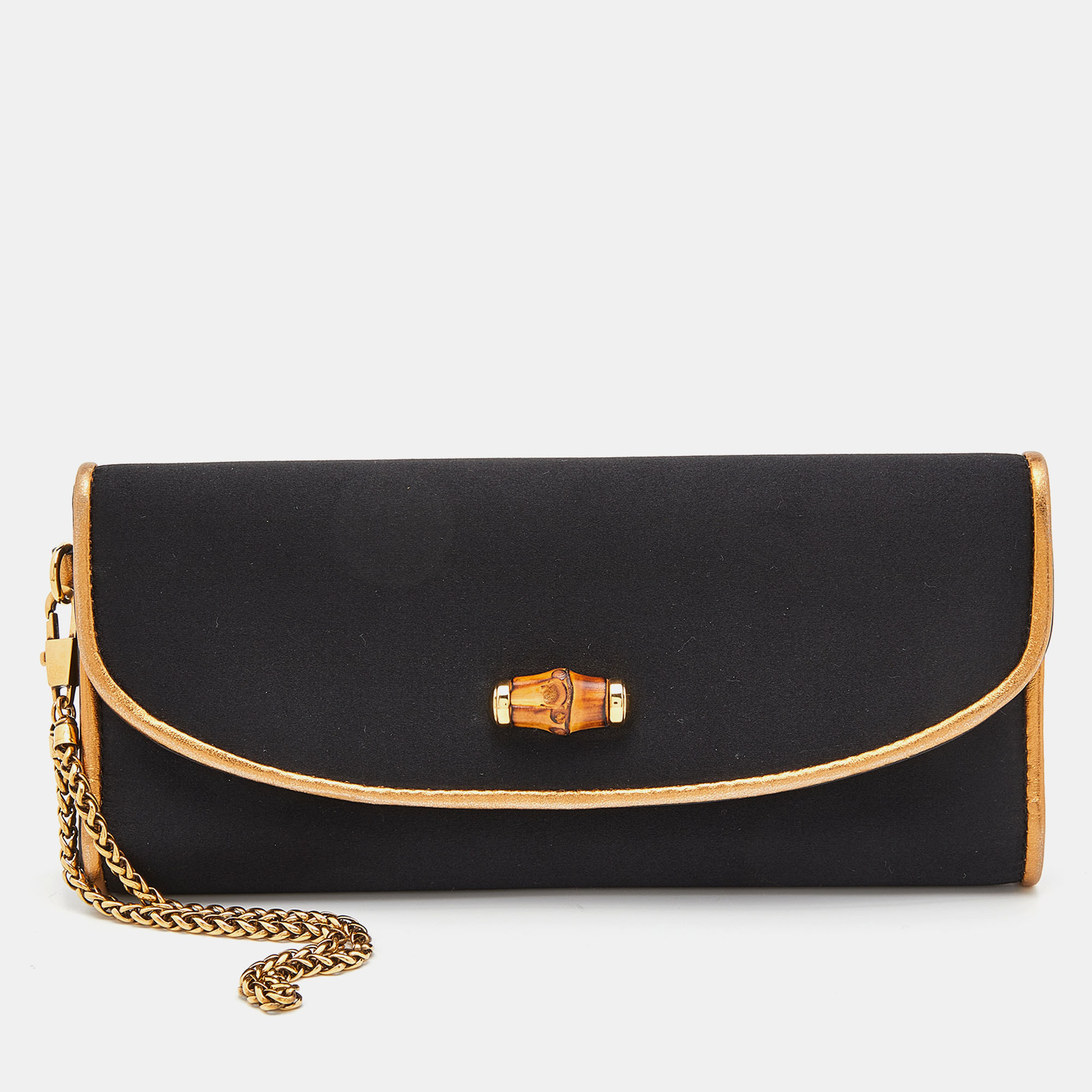 Gucci Black Satin And Leather Wristlet Clutch